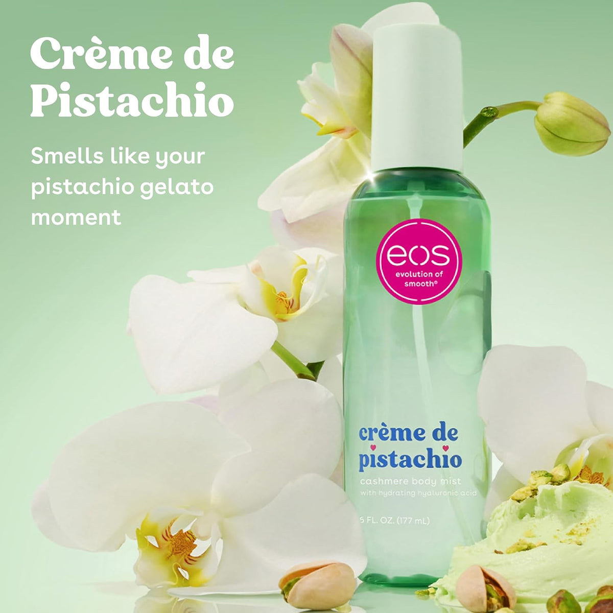 eos Cashmere Body Mist, Crème de Pistachio, body spray for women, hair mist, moisturizing, hyaluronic acid, glycerin, vegan, cruelty-free, 6 fl oz