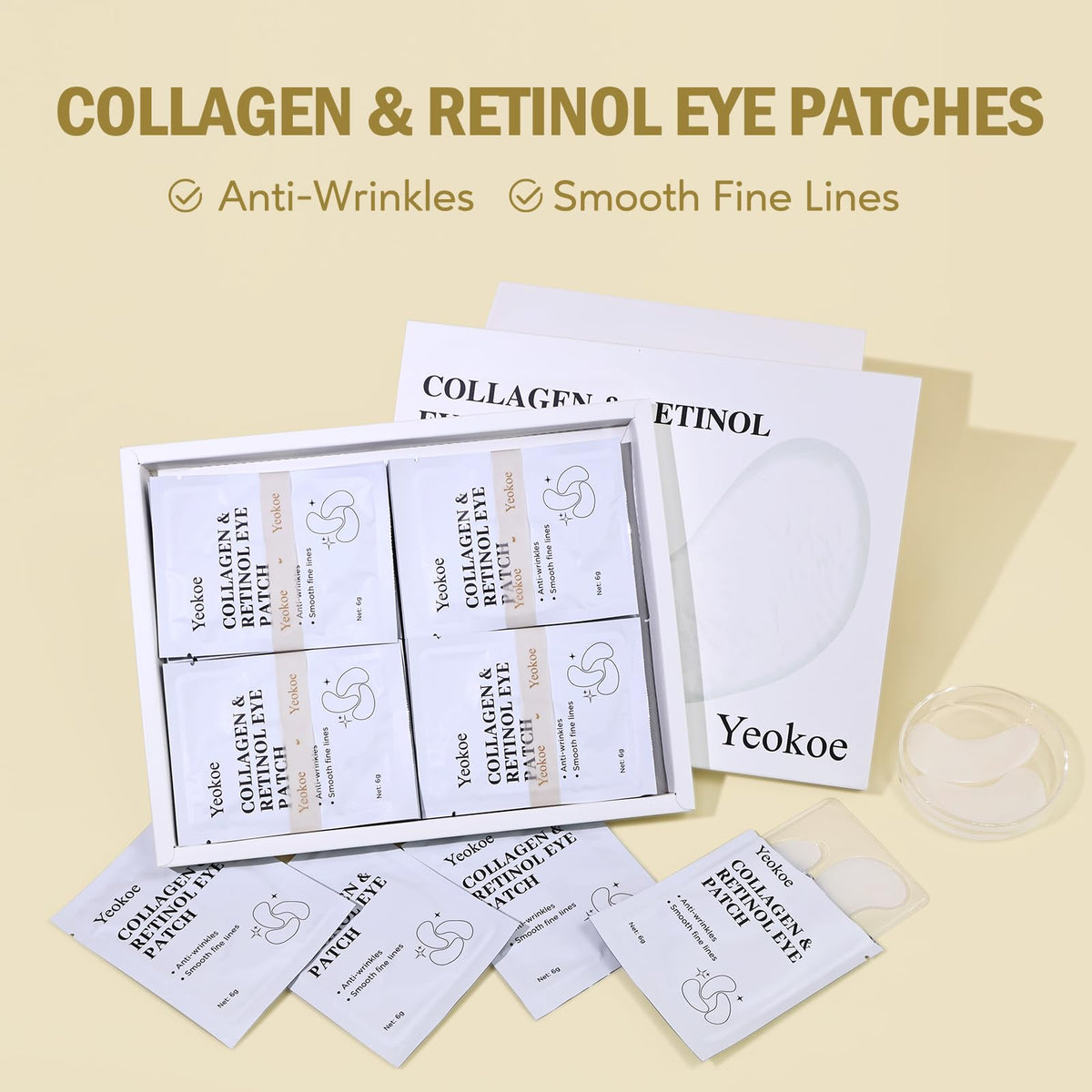 Yeokoe Under Eye Patches for Dark Circles,Puffy Eyes,20 Pairs Face Masks SkinCare With Collagen and Retinol for Anti wrinkles Smooth Fine Lines