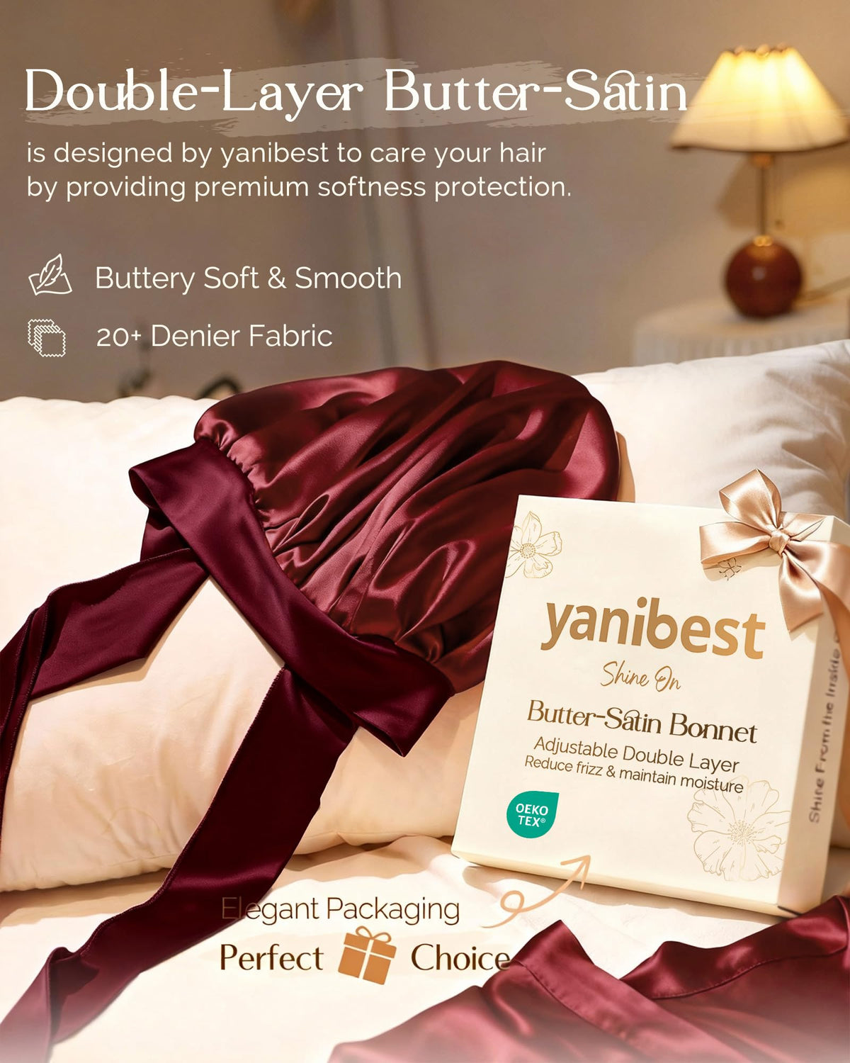 YANIBEST Adjustable Satin Bonnet for Sleeping Women Double Layer Hair Wrap Reduce Friction Prevent Frizz Natural Curly Hair, Burgundy