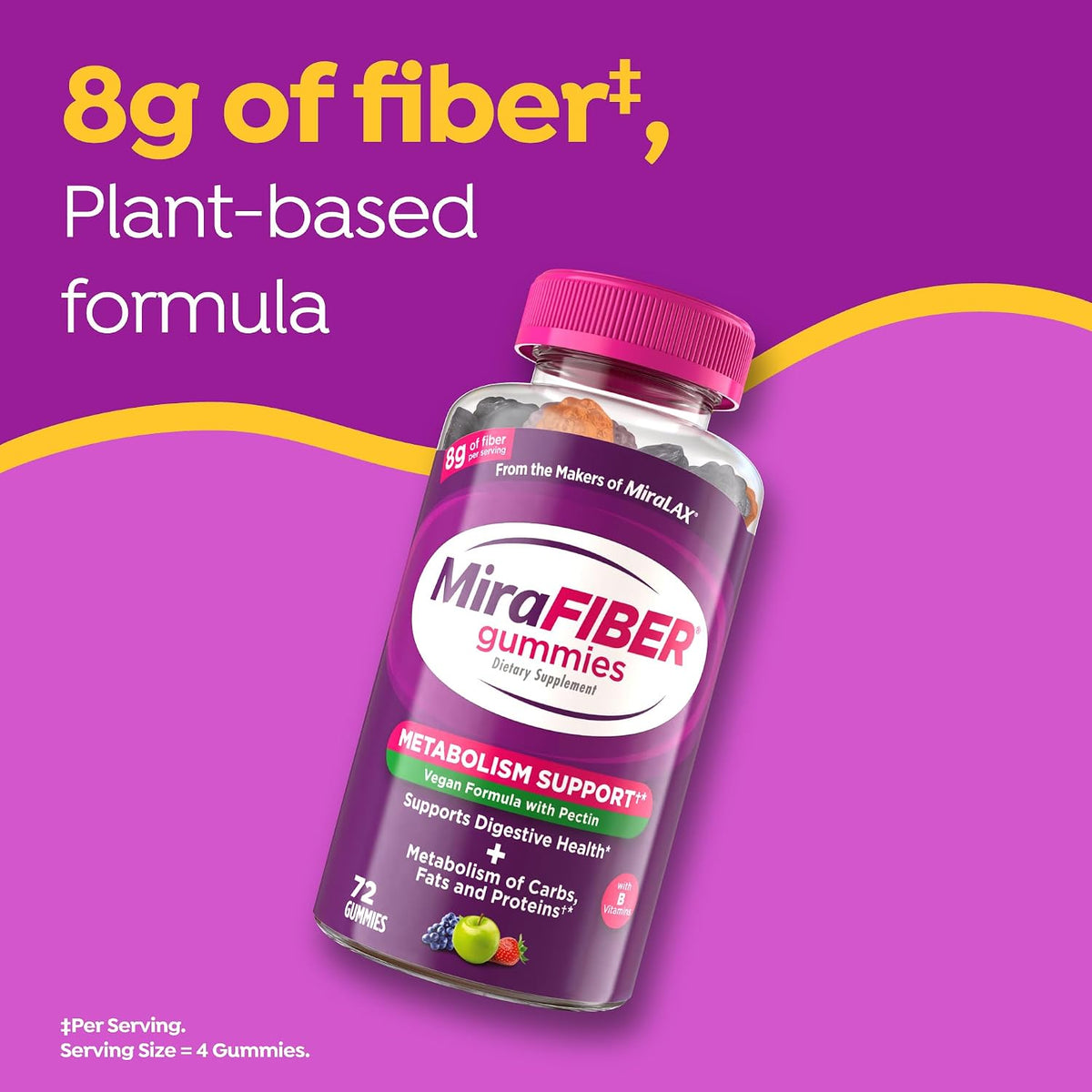 MiraFIBER Gummies, from The Makers of MiraLAX, Vegan Formula, 8g Per Serving, Gut Health for Men & Women, Prebiotic Fiber Gummies for Adults, Mixed Fruit Flavor 72Ct