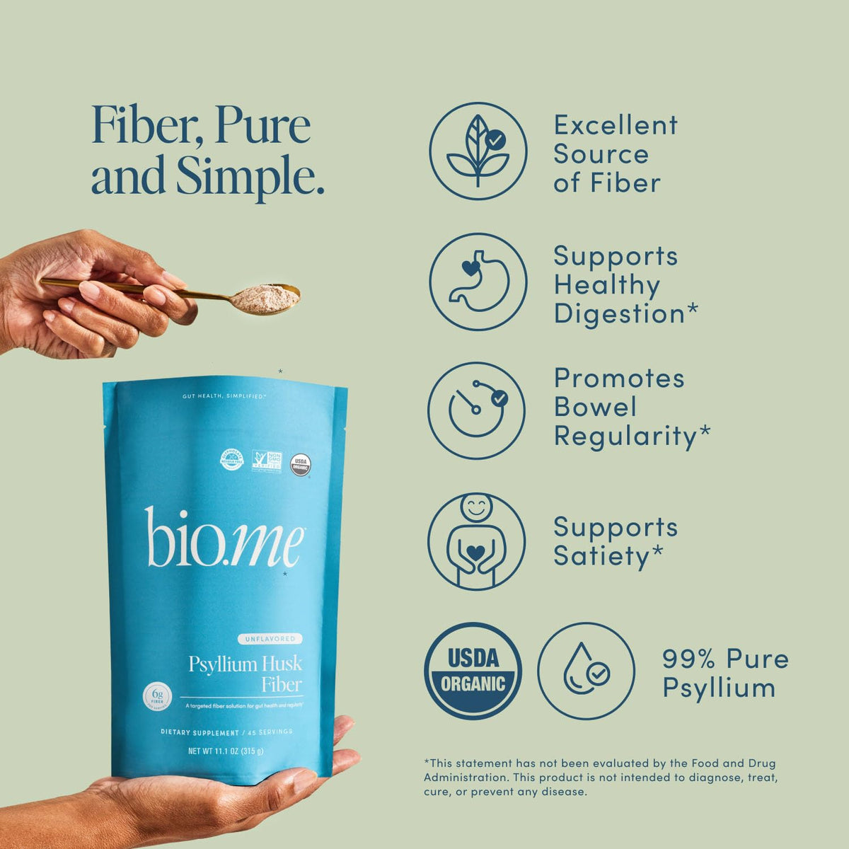 Bio.me Psyllium Husk Fiber Unflavored (6g Per Serving) - Gluten-Free Fiber Supplement for Women & Men - Psyllium Husk Powder for Healthy Digestion, Bowel Regularity & Bloating Relief - 45 Servings