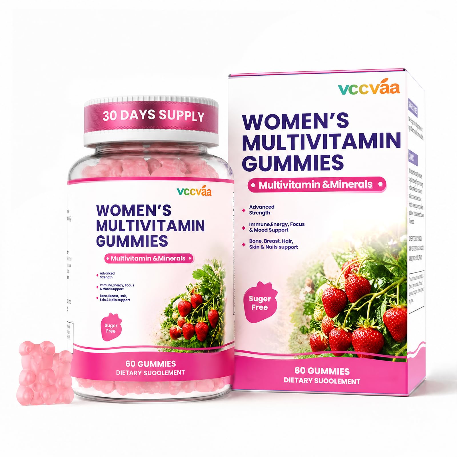 Vccvaa Sugar Free Multivitamin Gummies for Women 14+ with Iron, Inositol, Folate, Vitamins A C D3 E B12 K2, Herbal & Mineral Blend, Daily Vegan Gummy for Hair, Skin, Energy, Immune Support – 60 Count