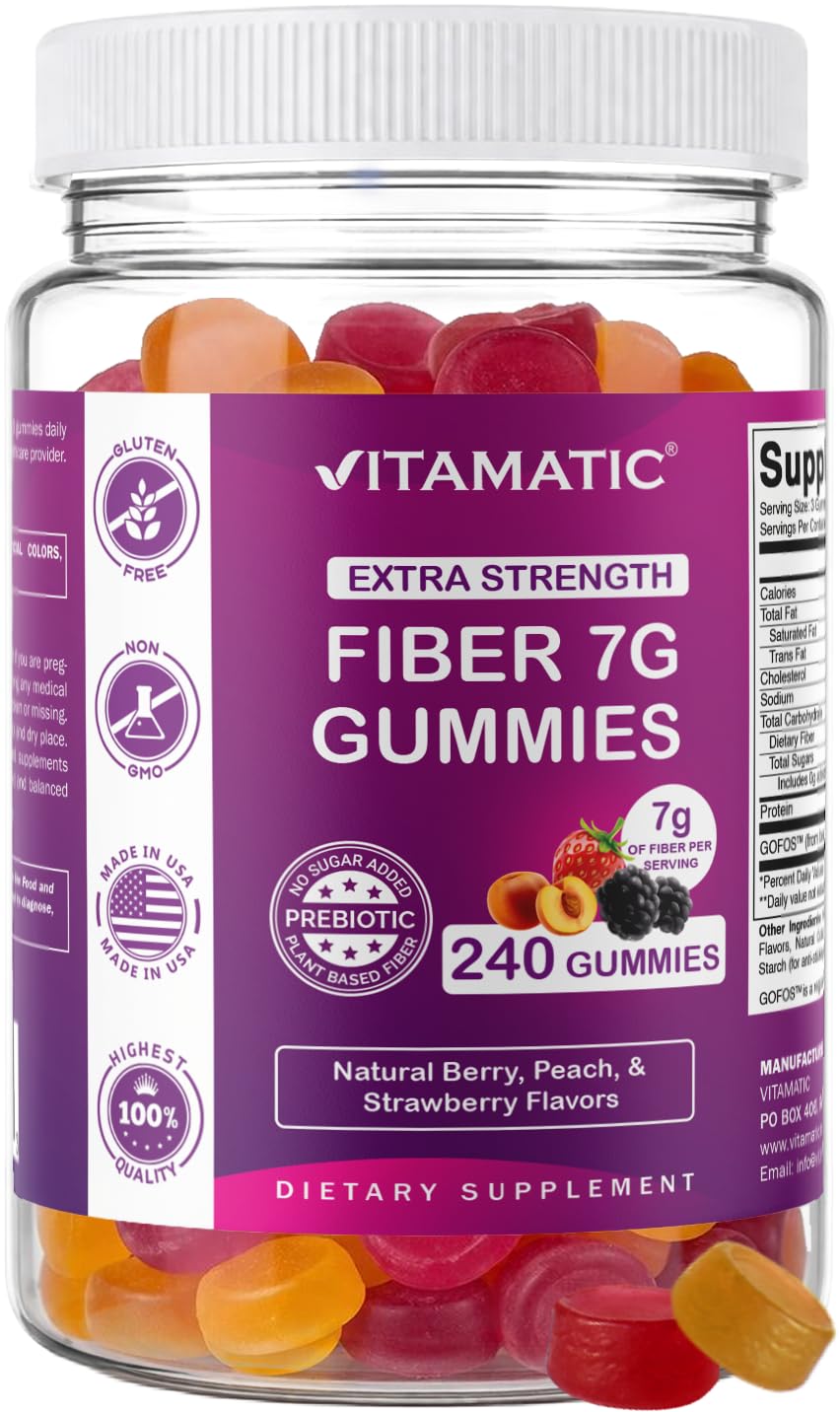 Vitamatic Prebiotic Fiber Gummies for Adults, 7G Extra Strength, Zero Sugar Added, 240 Pectin Based Gummies, Digestive Health & Regularity Support