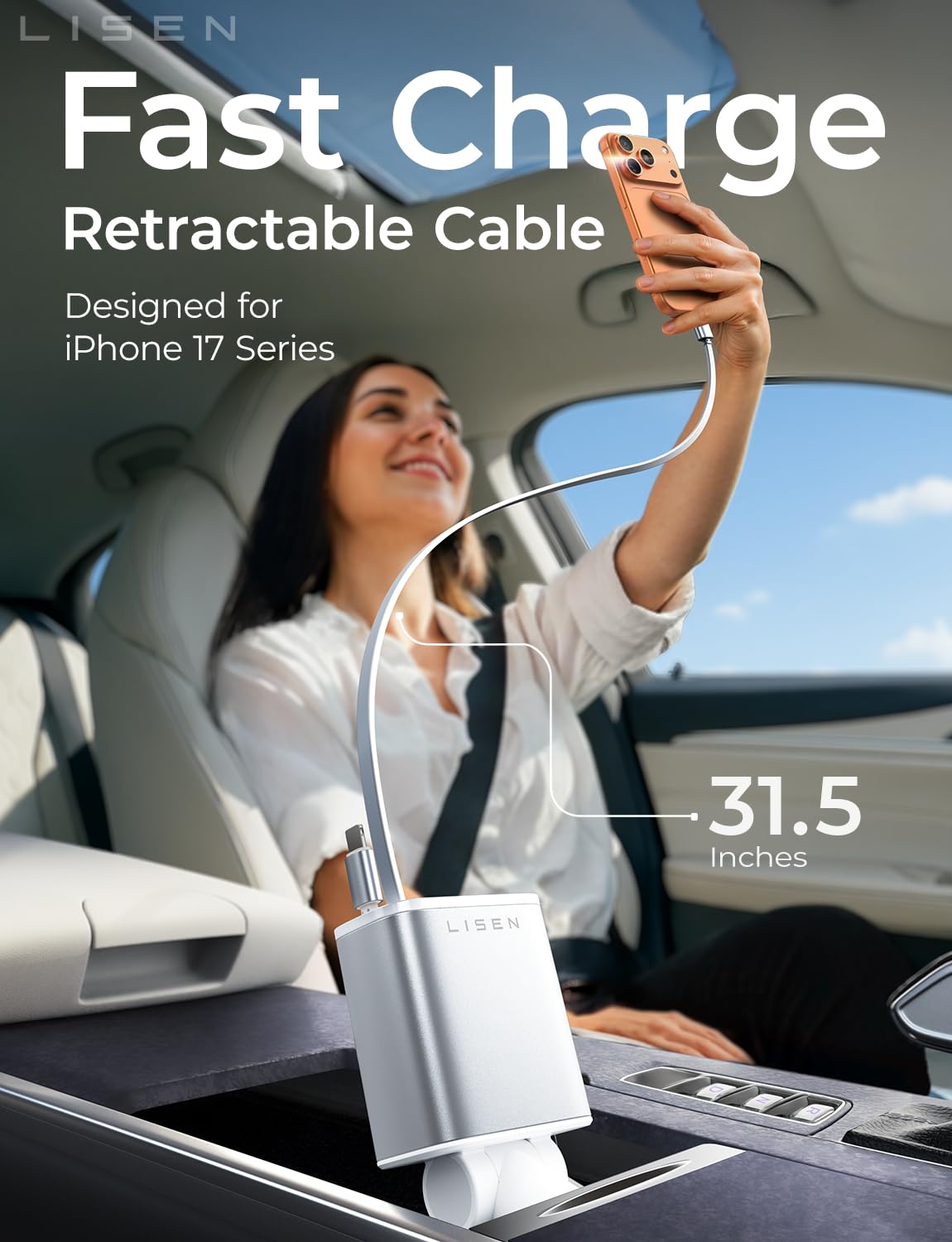 LISEN Retractable Car Charger for iPhone, for iPhone 17 Pro Max 16 15 14 13 12 Plus Mini, Cute 4 in 1 Retractable USB C Car Charger Fast Chareg for Women Men, 84W Fast Charging Car Accessorie