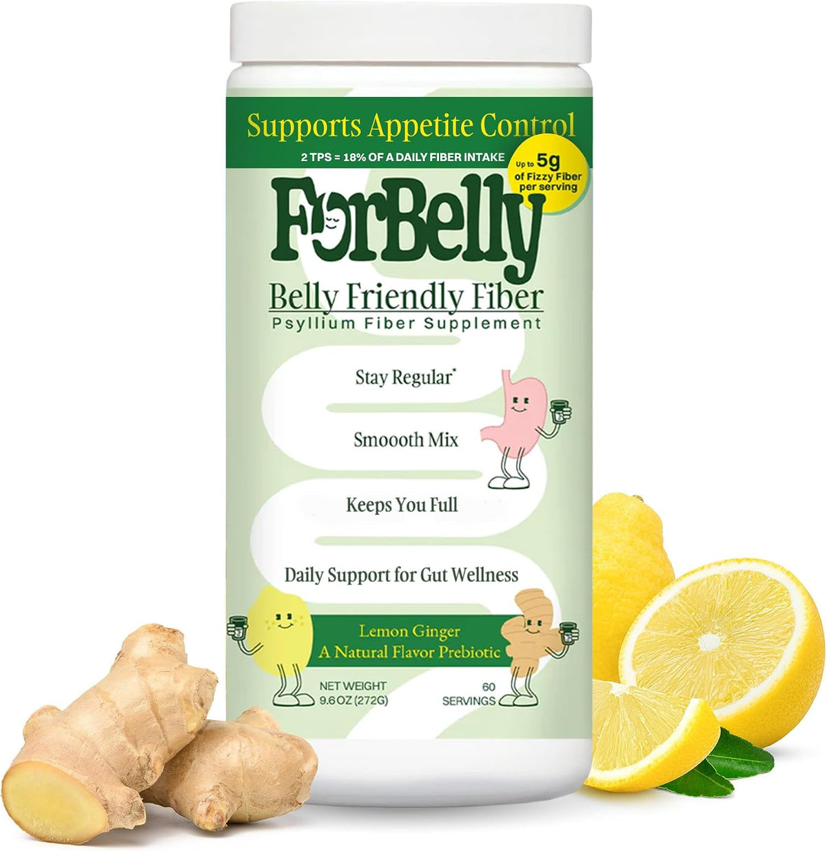 Psyllium Husk Fiber Powder - Lemon Ginger Prebiotic Fiber Supplement Drink Mix, Smooth High-Mesh, Gentle Fizz, Gluten Free, No Grit, up to 60 Servings