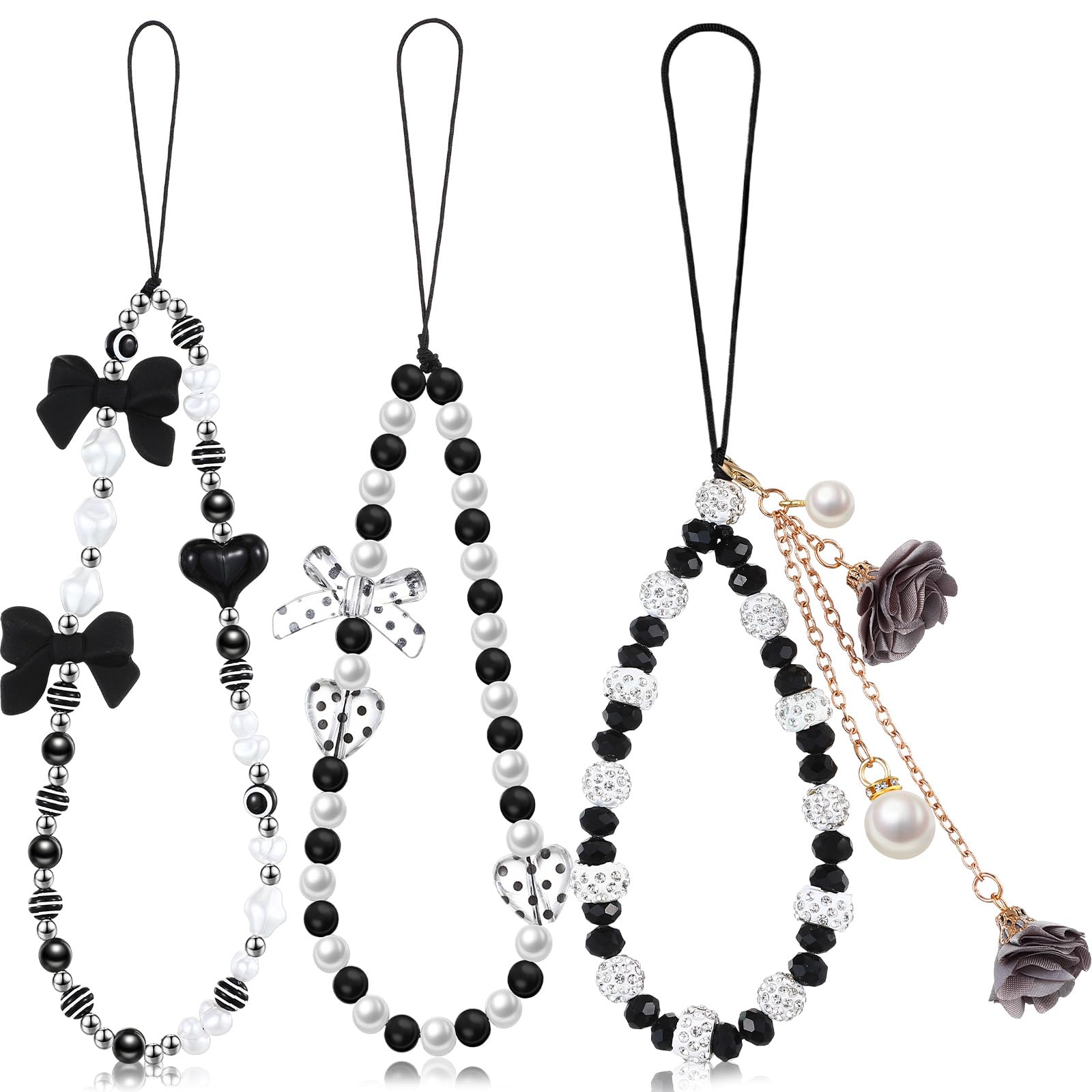 Ecally 3 Pcs Phone Charms Strap Camera Charm Strap Pearl Beaded Butterfly Bow Flower Cute Phone Wrist Lanyard Bracelet for Camera Keychain Wallet Decor Back to School Gifts(Classic,Black White)