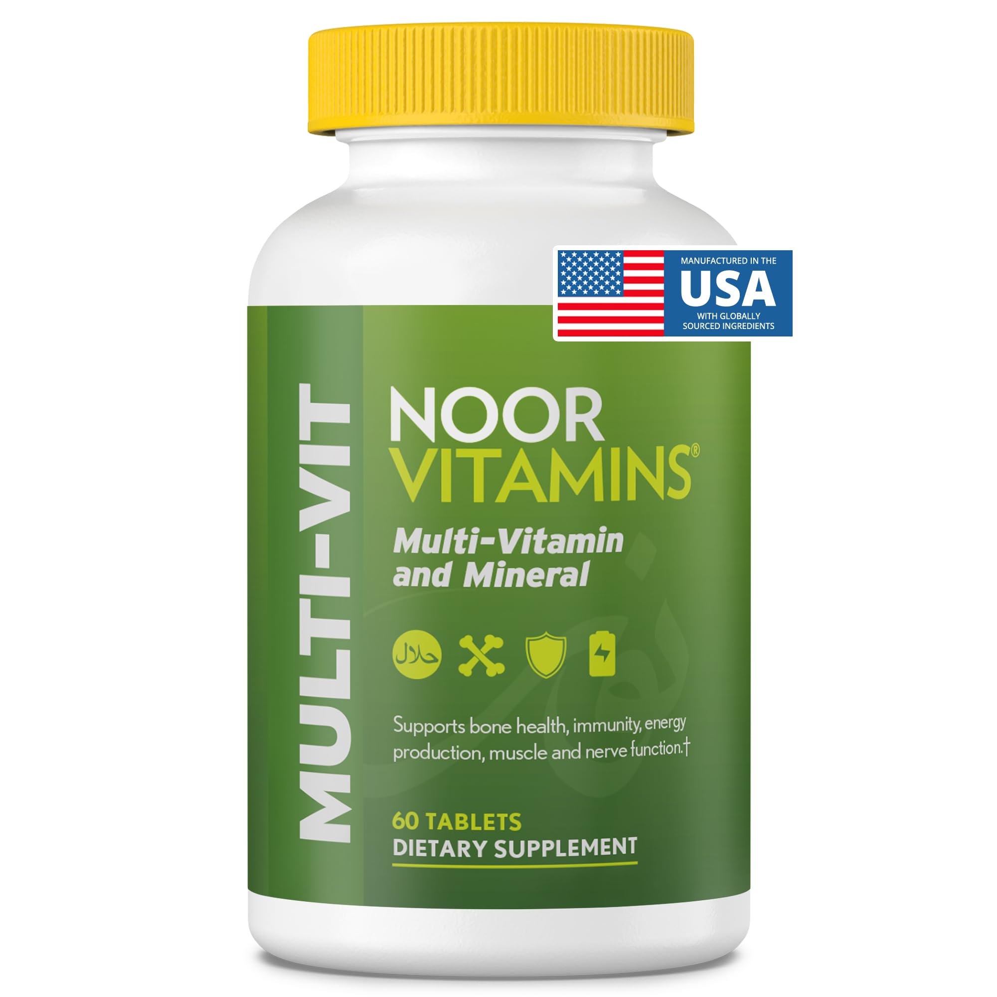 Noor Vitamins Halal Vitamins, Daily Multivitamin, Halal Vitamin for Women and Men, 30 Vitamins & Minerals, A, B12, C, Iron, Zinc to support general health, Non-GMO, Halal Multivitamin (2 Month Supply)