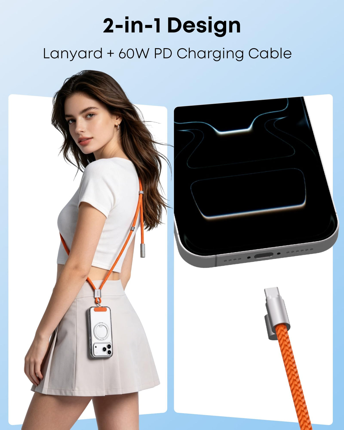 nusyn Phone Lanyard Adjustable 4.92FT Neck Strap with C to C PD 60W Charging Cable, Phone Patches, Phone Charm Camera Neck Strap for Daily & Outdoor (4.92FT Orange)