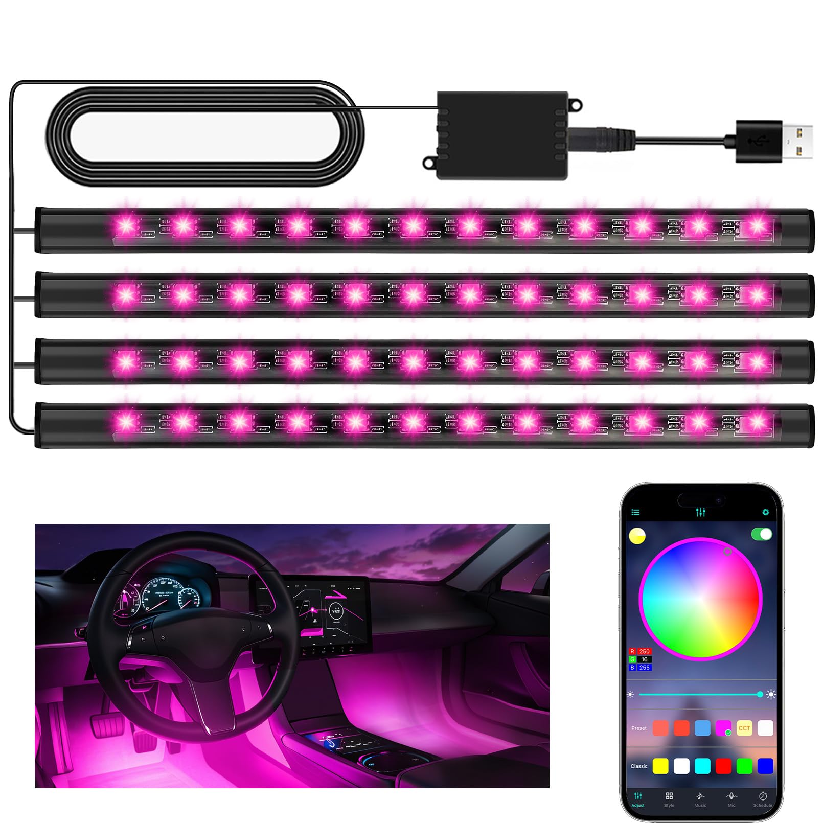 Winzwon Led Lights for Halloween Car Accessories Interior, Christmas White Elephant Gifts for Him Her Men Women Teen Boys Girls, APP Control with USB Port Color Change Lights for Truck Decor