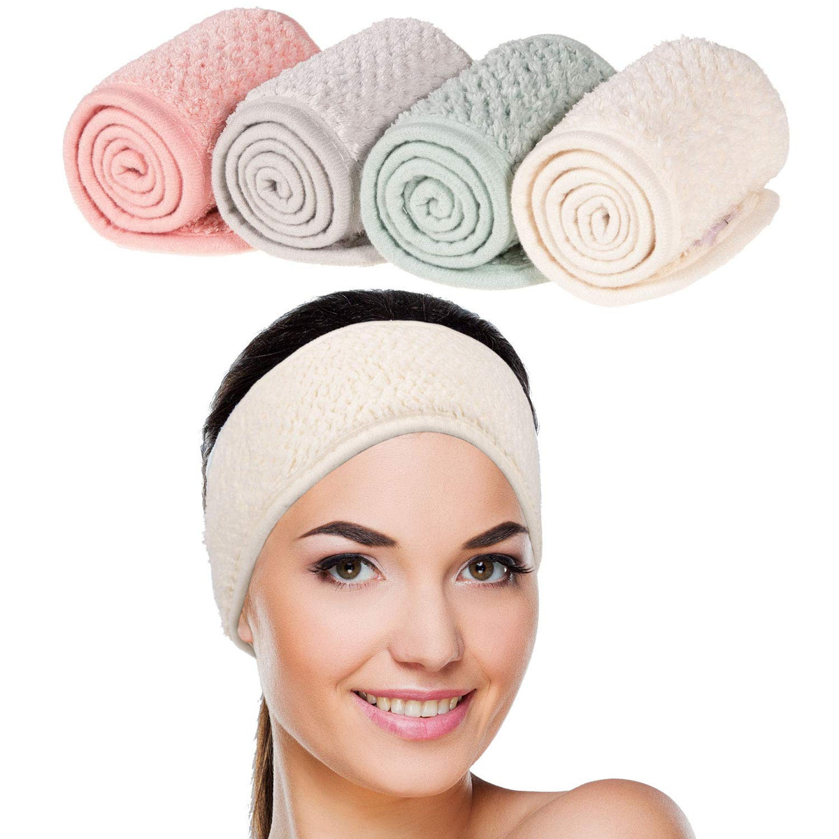 Whaline 4 Pack Spa Facial Headband, Pea Green, Pink, Beige, Light Gray