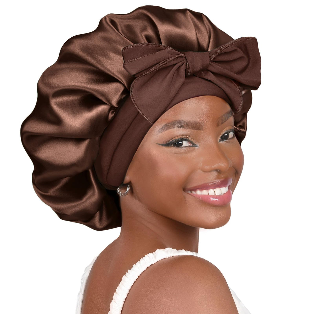 YANIBEST Adjustable Satin Bonnet for Sleeping Women Double Layer Hair Wrap Reduce Friction Prevent Frizz Natural Curly Hair, Brown