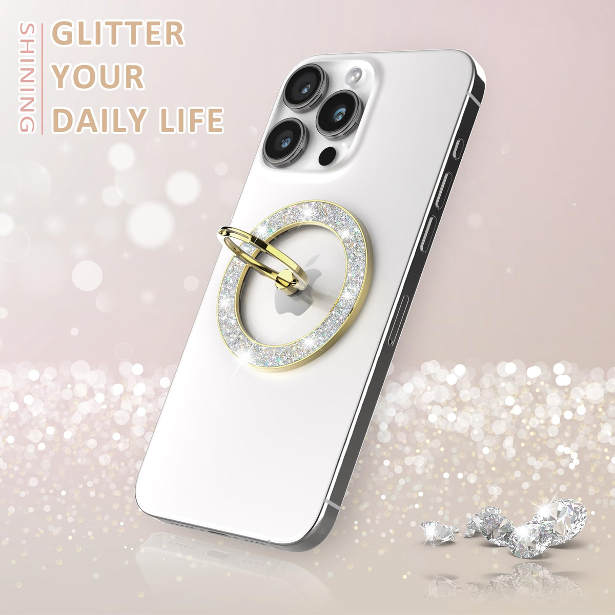 Pikabo Magnetic Phone Ring Holder for MagSafe, Glitter Phone Grip Stand with 360° Rotation Finger Ring Kickstand Compatible with iPhone MagSafe Accessories. (Glitter Gold)