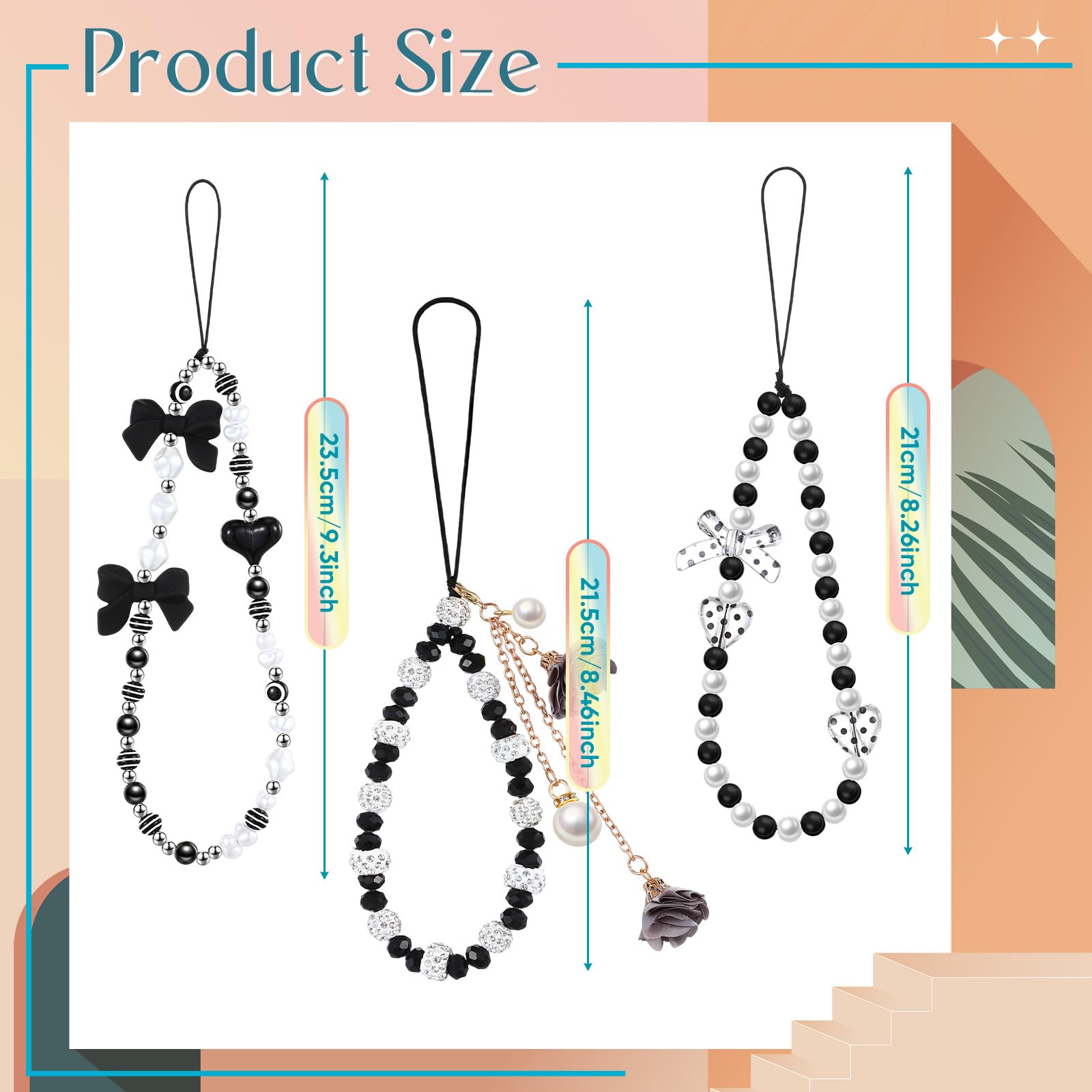 Ecally 3 Pcs Phone Charms Strap Camera Charm Strap Pearl Beaded Butterfly Bow Flower Cute Phone Wrist Lanyard Bracelet for Camera Keychain Wallet Decor Back to School Gifts(Classic,Black White)