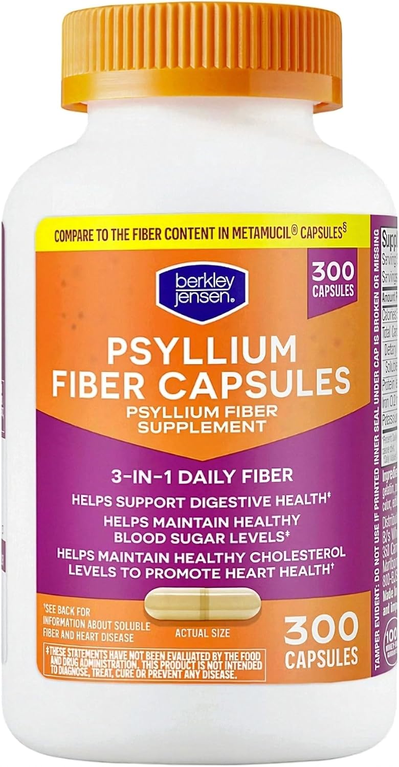 berkley jensen Psyllium Husk Fiber Capsules, 3-in-1 Natural Fiber Supplement for Men & Women, Daily Psyllium Husk Help Support Digestive Health, Promote Regularity, Made in USA, 300 Count (Pack of 1)