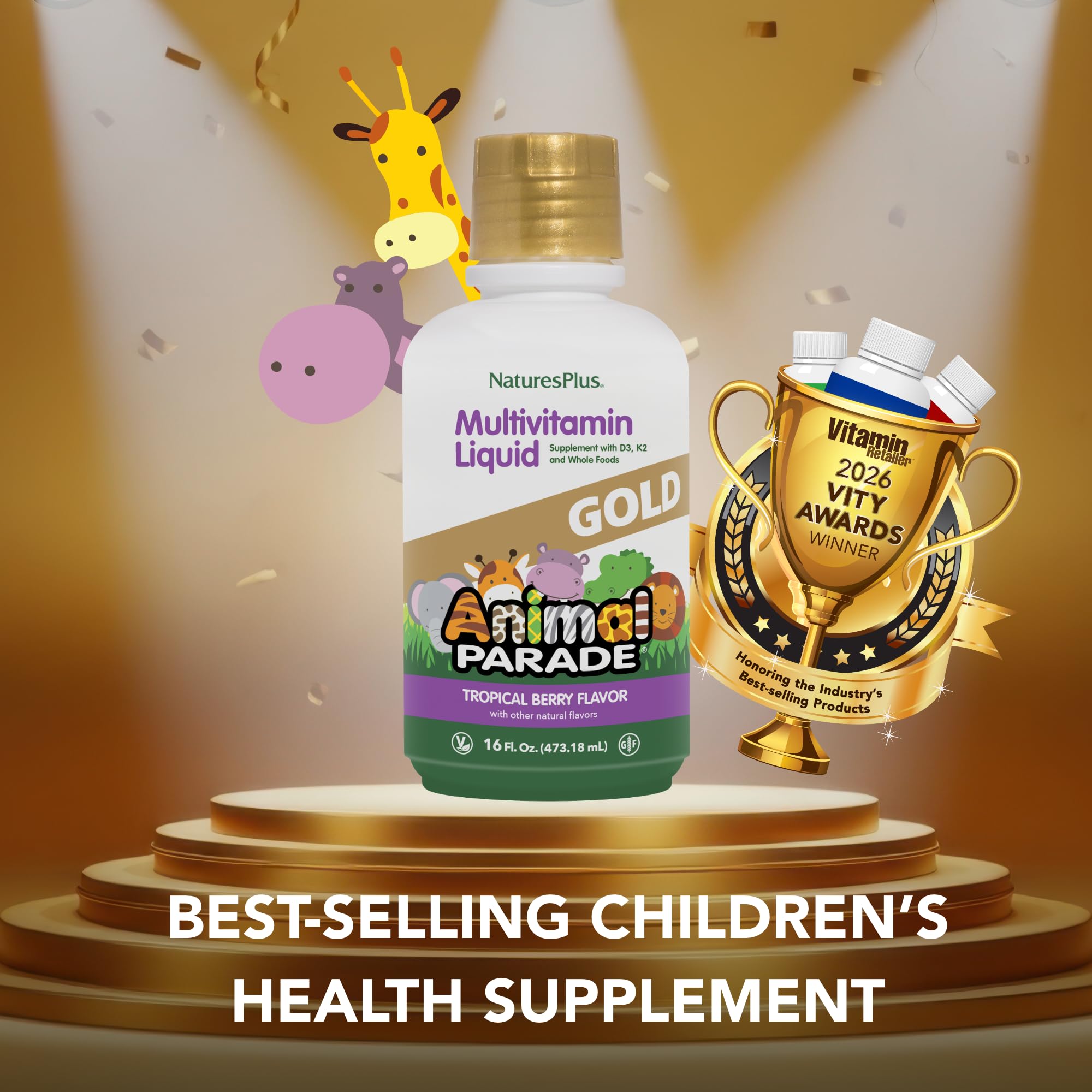 NaturesPlus Animal Parade Source of Life Gold Children's Liquid Multivitamin, 30 OZ - Natural Tropical Berry Flavor - Immune Support Supplement - Organic Whole Foods, Gluten-Free, Vegan - 60 Servings
