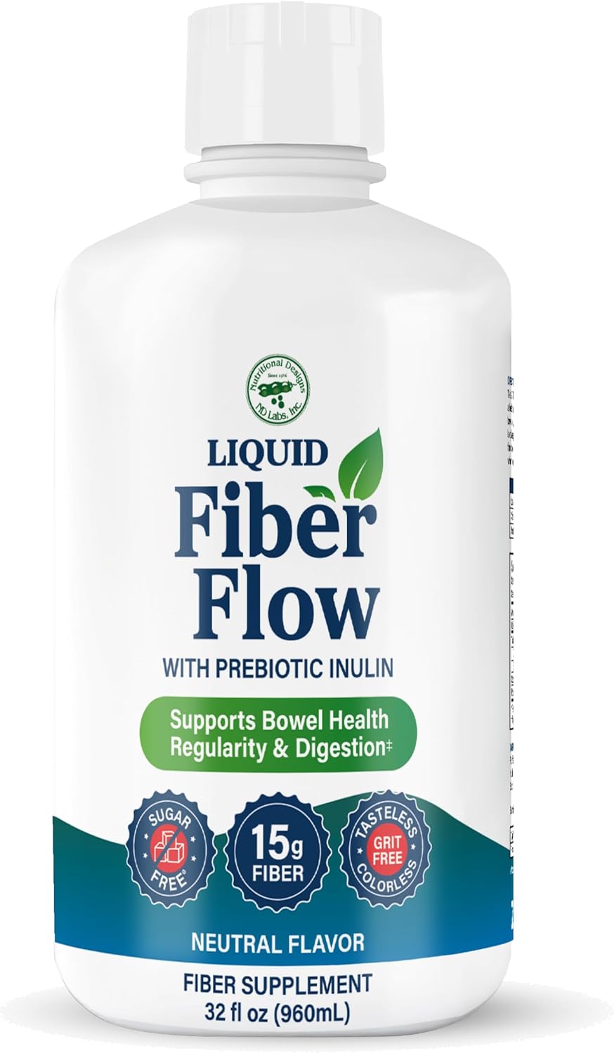 Nutritional Designs Liquid Fiber Supplement, Sugar-Free Prebiotic Inulin Fiber, Fiber Drink Mix, Natural Bowel Regularity Drink for Healthy Intestinal Balance (32 oz Bottle, Neutral)