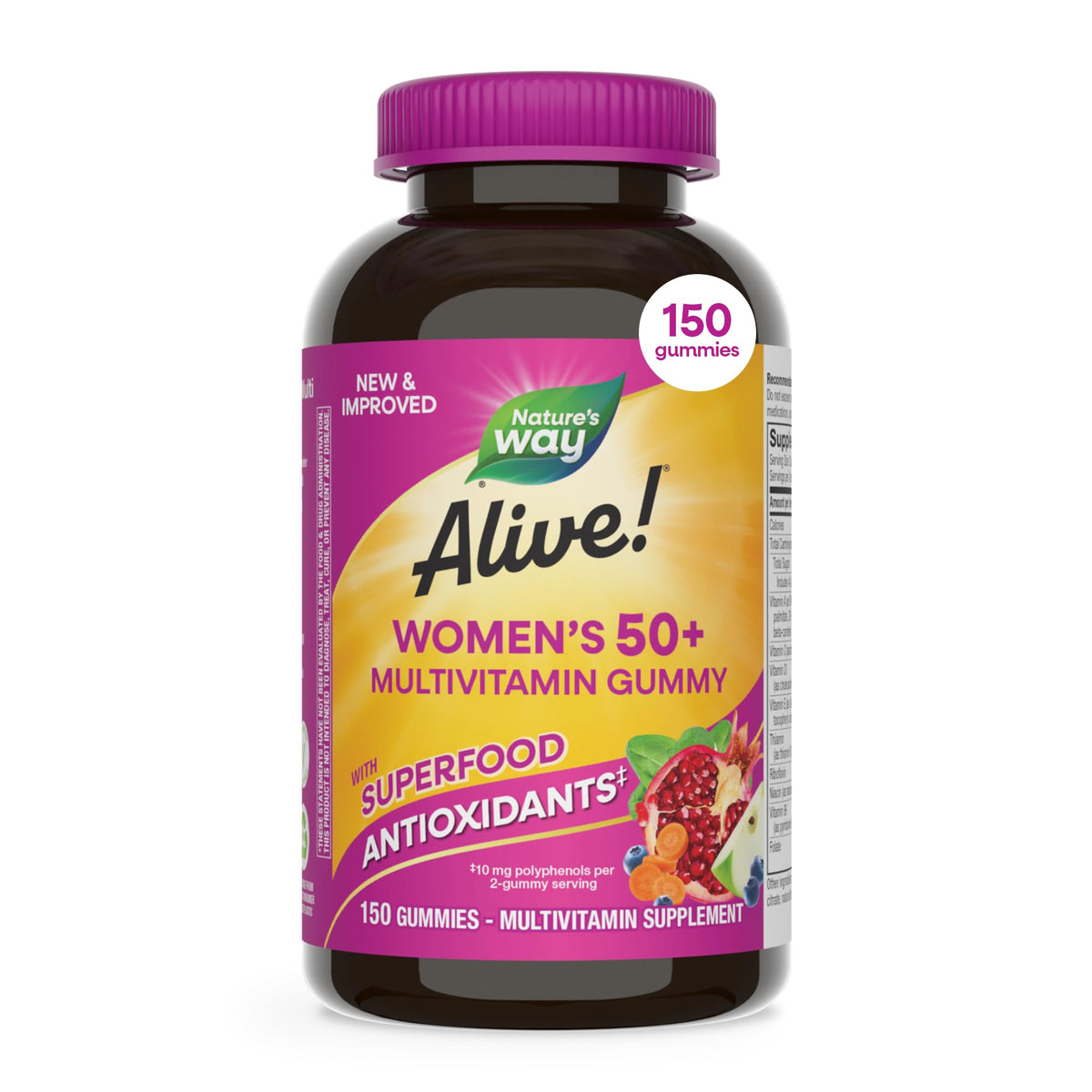 Nature's Way Alive! Women's 50 Plus Multivitamin Gummy, Daily Chewable Multivitamins with B-Vitamins, Vitamin D3, Calcium, Supports Heart, Brain & Bone Health,* Mixed Berry Flavored, 150 Count