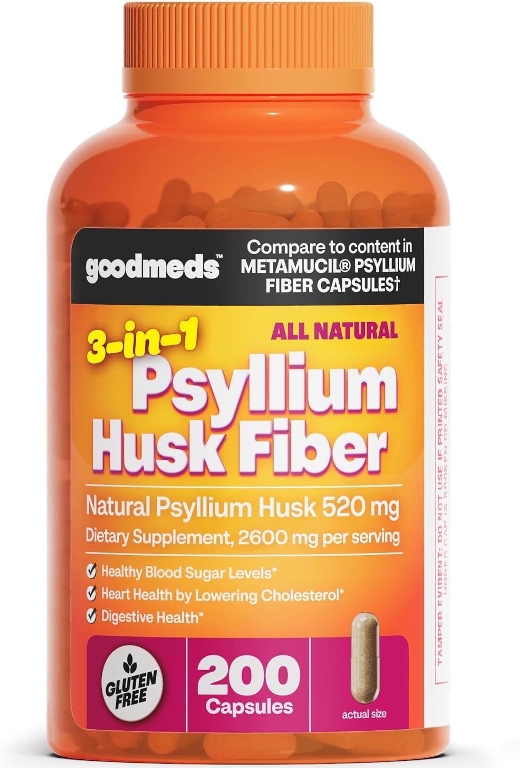 Psyllium Husk Fiber 520mg Capsules Supplement Soluble Dietary Colon Support for Women and Men, Restore Digestive Regularity and Balance (200 Count)