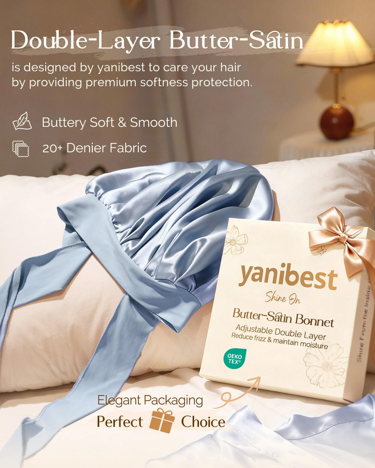 YANIBEST Adjustable Satin Bonnet for Sleeping Women Double Layer Hair Wrap Reduce Friction Prevent Frizz Natural Curly Hair, Blue