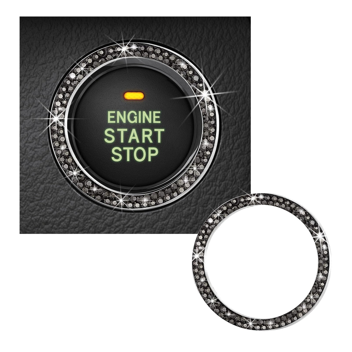 Kewucn Bling Crystal Double Rhinestone Car Engine Start Decoration Ring, Sparkling Push Start Button Sticker, Key Ignition & Knob Ring Decoration, Bling Car Interior Accessory (Bright Black)