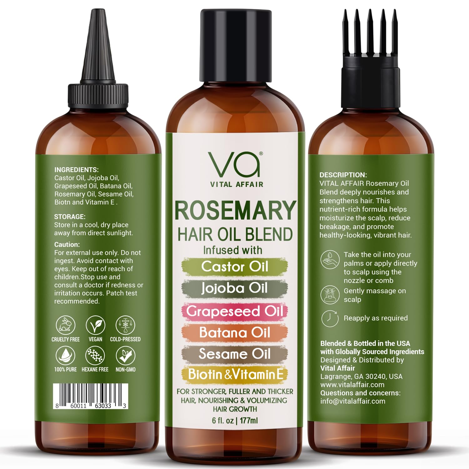 Blend Of Pure Rosemary Oil For Hair Growth With Castor, Batana, Jojoba Oil-Infused With Biotin & Vitamin E-Blend of Effective Hair Oils for Hair Growth-Strengthening Treatment-By Vital Affair-6 Fl Oz