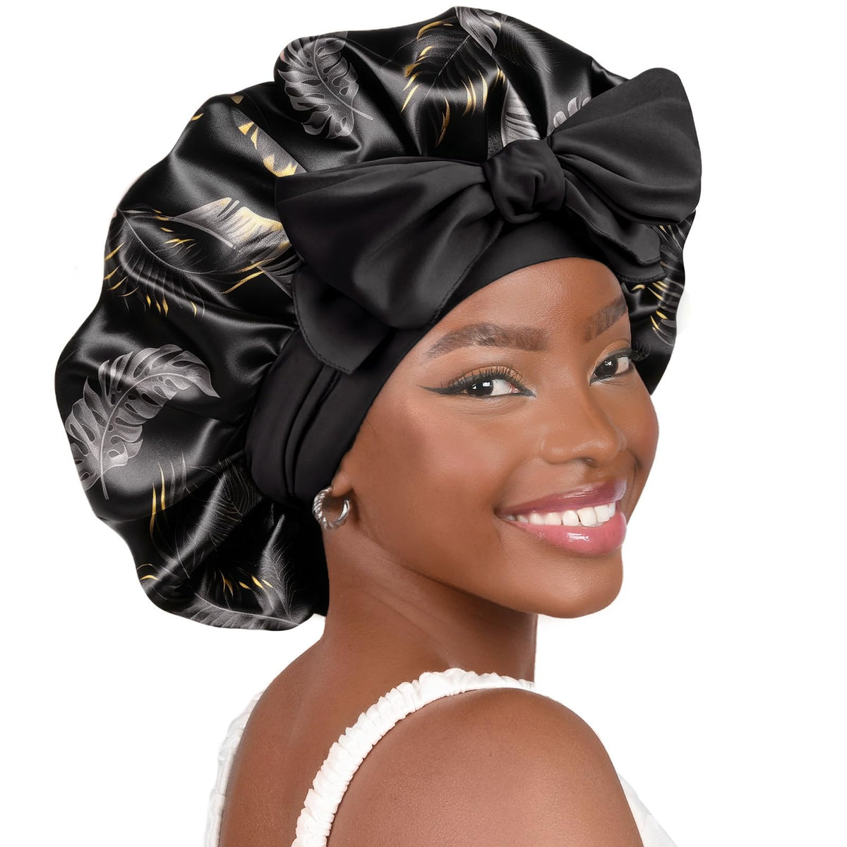 YANIBEST Adjustable Satin Bonnet for Sleeping Women Double Layer Hair Wrap Reduce Friction Prevent Frizz Natural Curly Hair, BlackGold Leaf