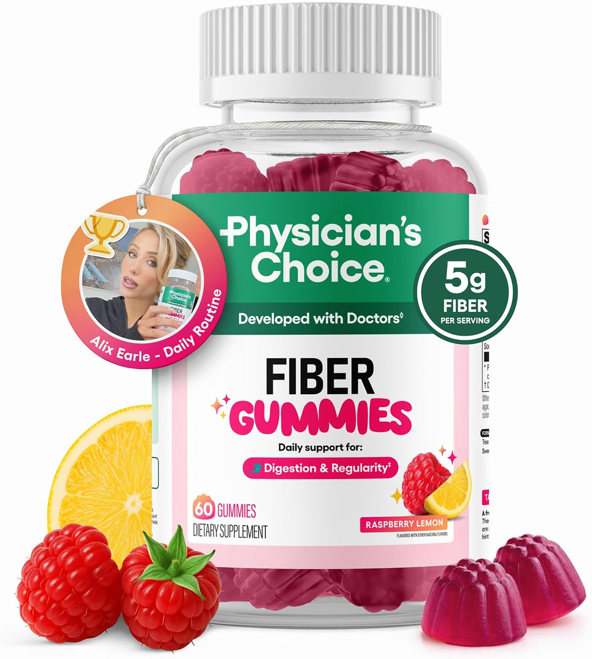 Physician's CHOICE Fiber Gummies for GLP-1 Support - No Sugar Added & Vegan - Raspberry Lemon - Natural Chicory Root Prebiotic Fiber Gummy - Digestive Health & Regularity for Women & Men - 60CT