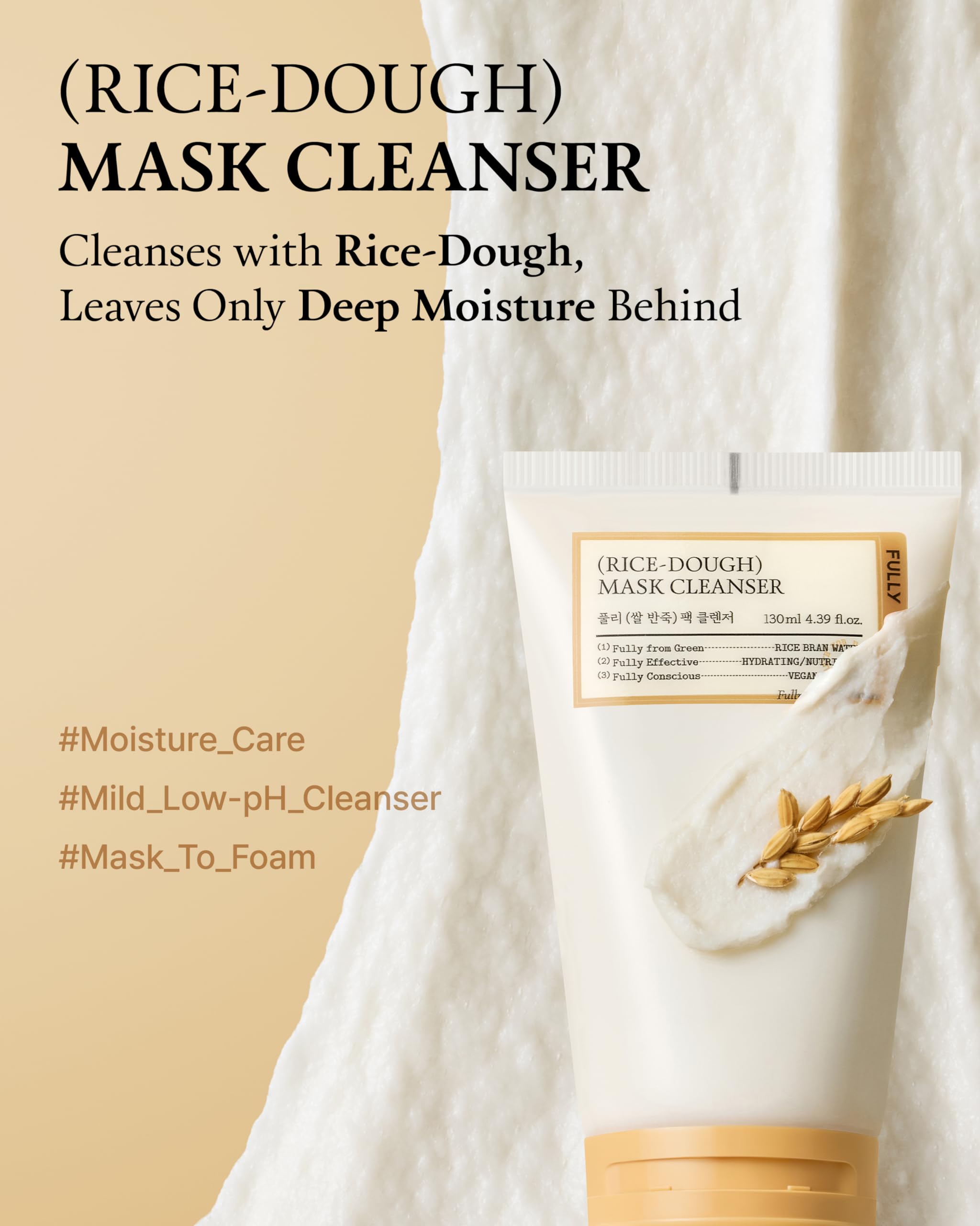 FULLY Rice-Dough Mask Cleanser, Hydrating Mask, Nourishing, Low-pH Formula, Clear Pores, Face Wash, Dry & Sensitive Skin, Vegan Korean Skincare 4.39 fl.oz