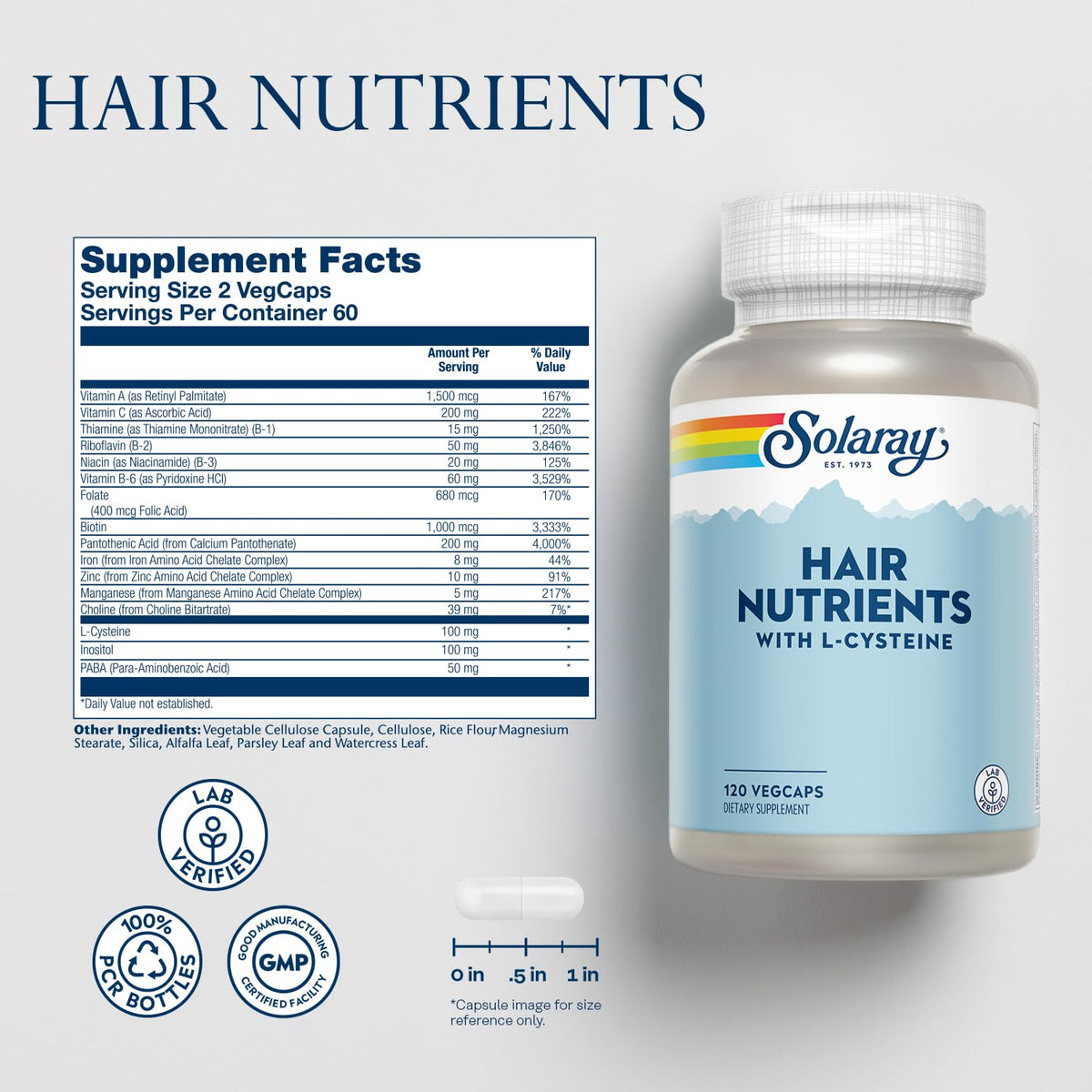 SOLARAY Hair Nutrients Supplement for Women & Men - with Biotin, L-Cysteine Vitamin A, Iron, Zinc, 60 Servings - 120 Veg Caps