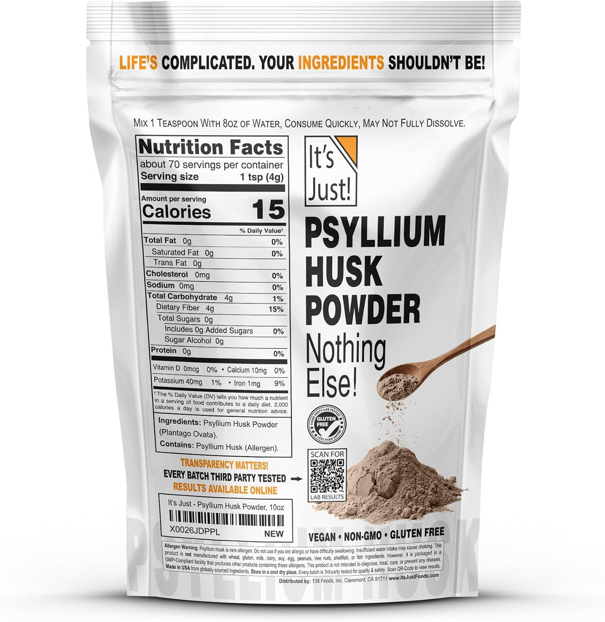 It's Just! - Psyllium Husk Powder, GLP-1 Friendly, Easy Mixing Dietary Fiber, Cleanse Your Digestive System, Finely Ground Powder, Ideal for Keto Baking, Non-GMO (Unflavored, 10oz (Pack of 1))