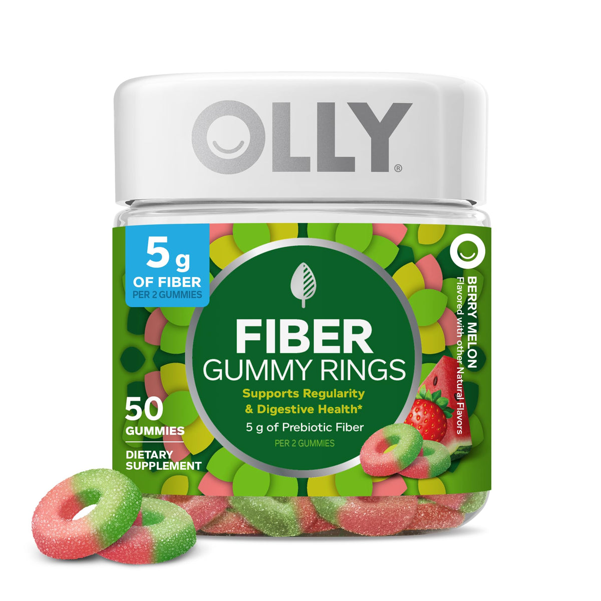 Olly, Fiber Gummy Rings, 5g Fos Prebiotic Fiber, Digestive Health Supplement,* Strawberry Watermelon Flavored, 25 Day Supply, 50 Count