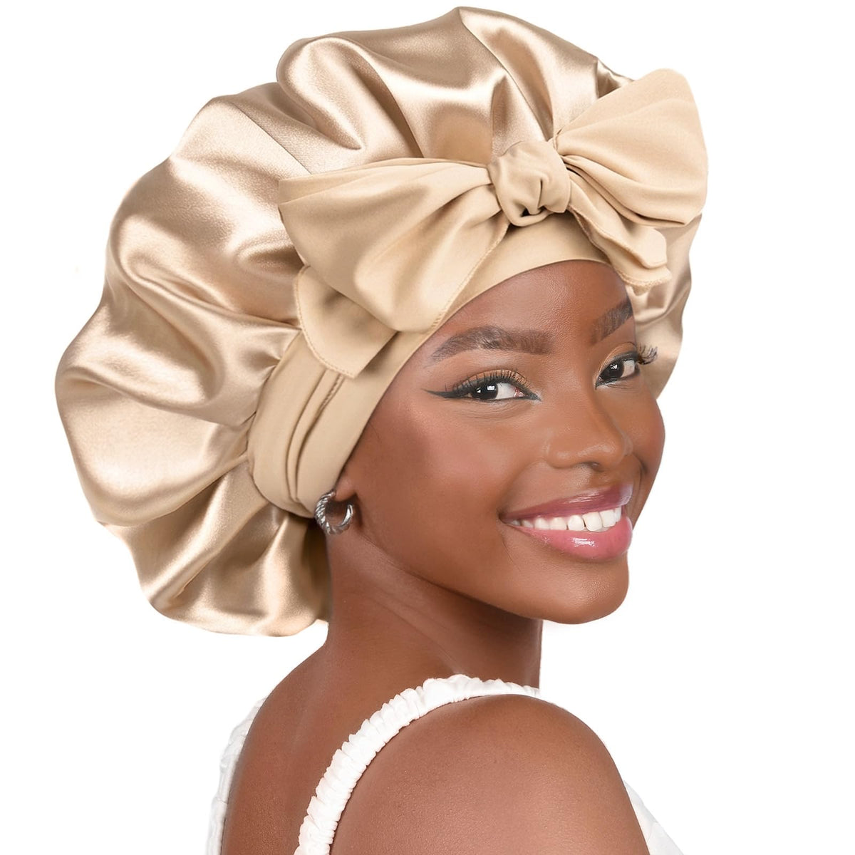 YANIBEST Adjustable Satin Bonnet for Sleeping Women Double Layer Hair Wrap Reduce Friction Prevent Frizz Natural Curly Hair, Champagne