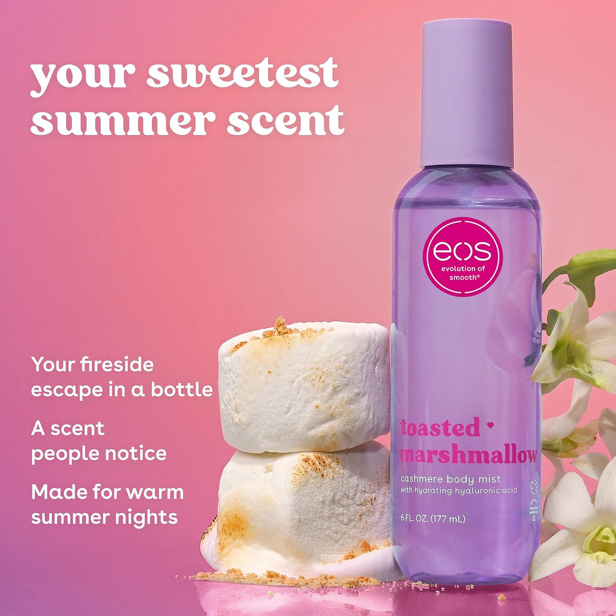 eos Cashmere Body Mist, Toasted Marshmallow, Toasted Vanilla, Sweet Marshmallow, Hair Mist, Body Spray for Women Moisturizing, Hyaluronic Acid, Vanilla Body Spray, Vegan, Cruelty-free, 6 fl oz