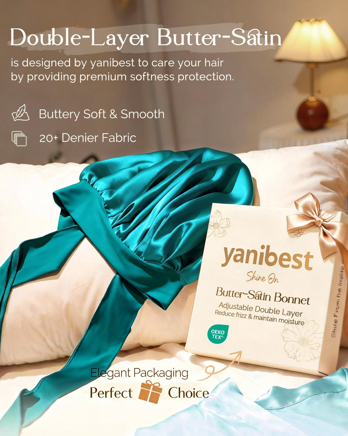 YANIBEST Adjustable Satin Bonnet for Sleeping Women Double Layer Hair Wrap Reduce Friction Prevent Frizz Natural Curly Hair, Blue Zircon