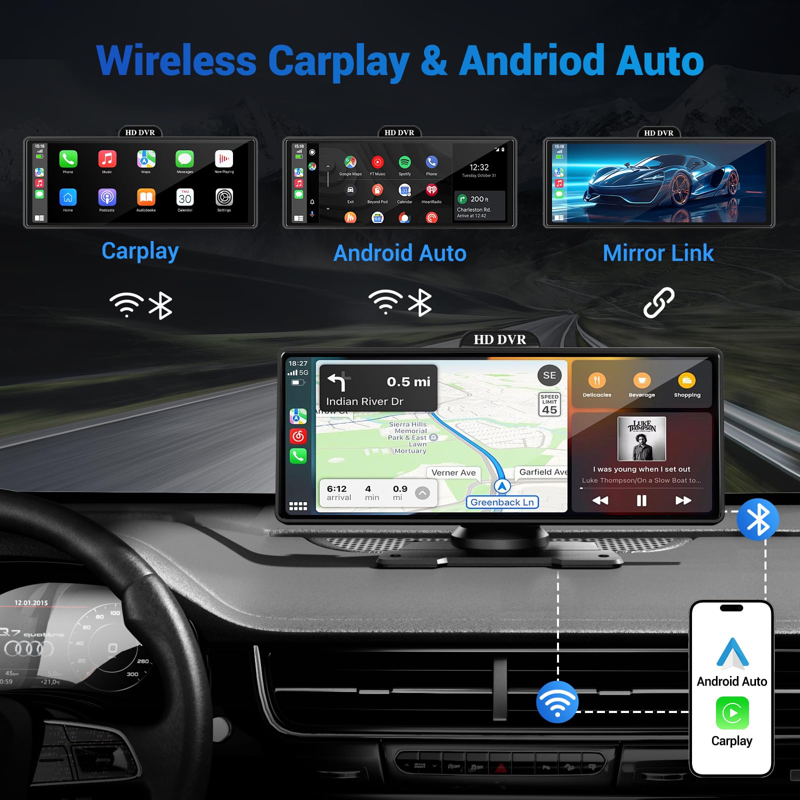 Wireless Apple Carplay Screen for Car with 4K Dash Cam, 10.26" Portable Apple Carplay & Android Auto, HD Touchscren with 1080p Backup Camera, Mirror Link/Voice Control/Music Play/GPS Navigation