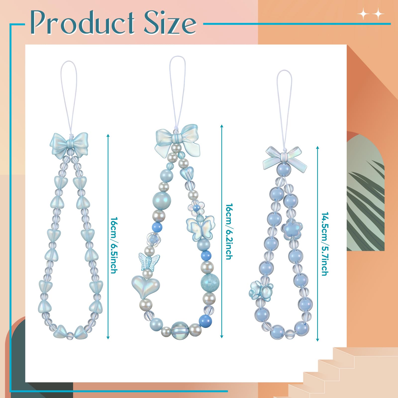 Ecally 3 Pcs Phone Charms Strap Camera Charm Strap Pearl Beaded Butterfly Bow Flower Cute Phone Wrist Lanyard Bracelet for Camera Keychain Wallet Decor Back to School Gifts(Simple,Blue)