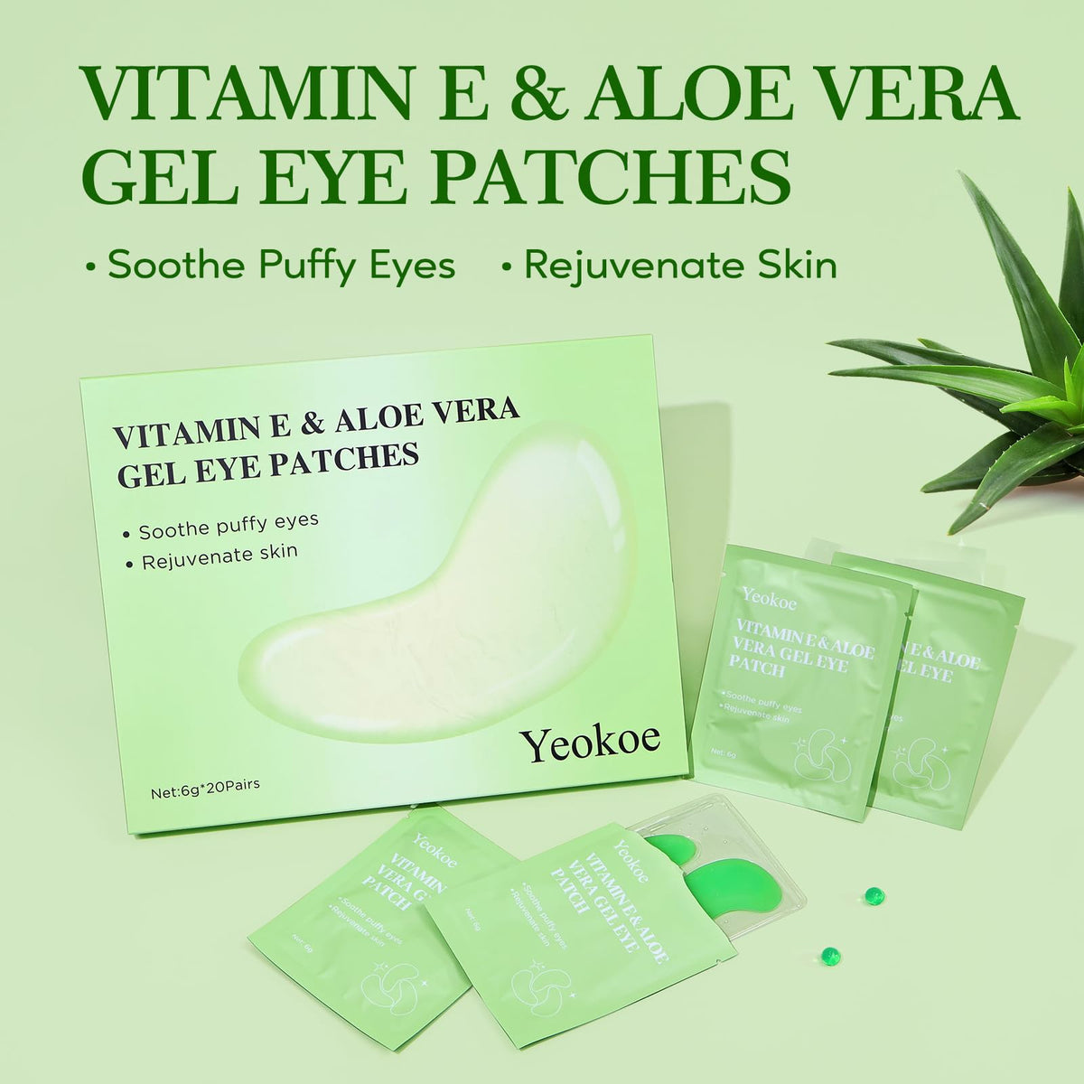 Yeokoe Under Eye Patches for Dark Circles,Puffy Eyes,20 Pairs Face Masks SkinCare With Vitamin E and Aloe Vera Gel for Rejuvenate