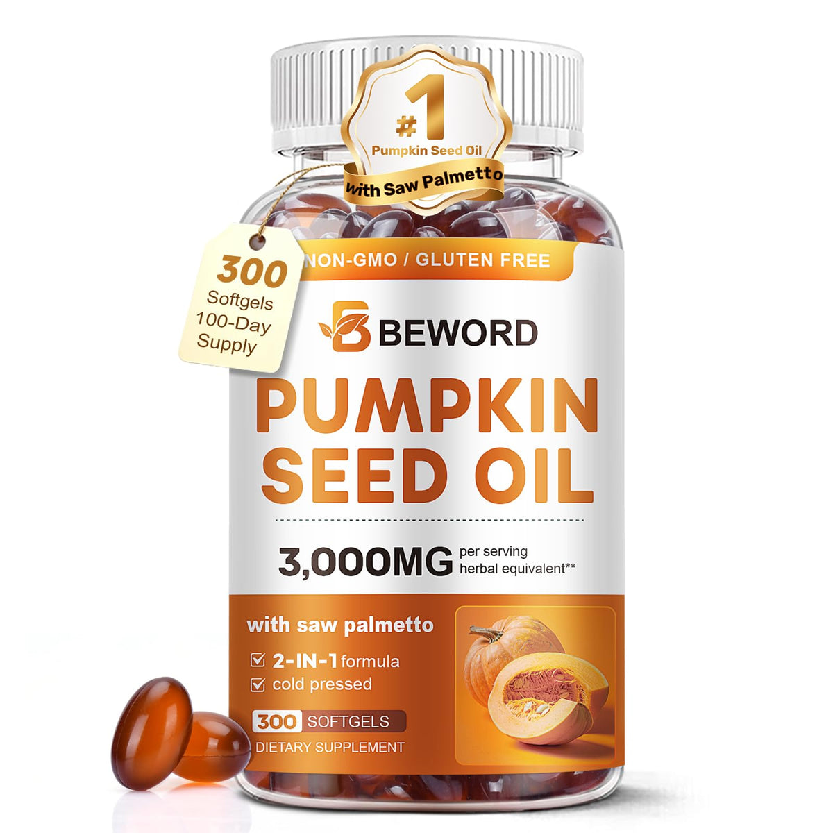 BEWORD Pumpkin Seed Oil with Saw Palmetto Softgels, 3000mg Per Serving