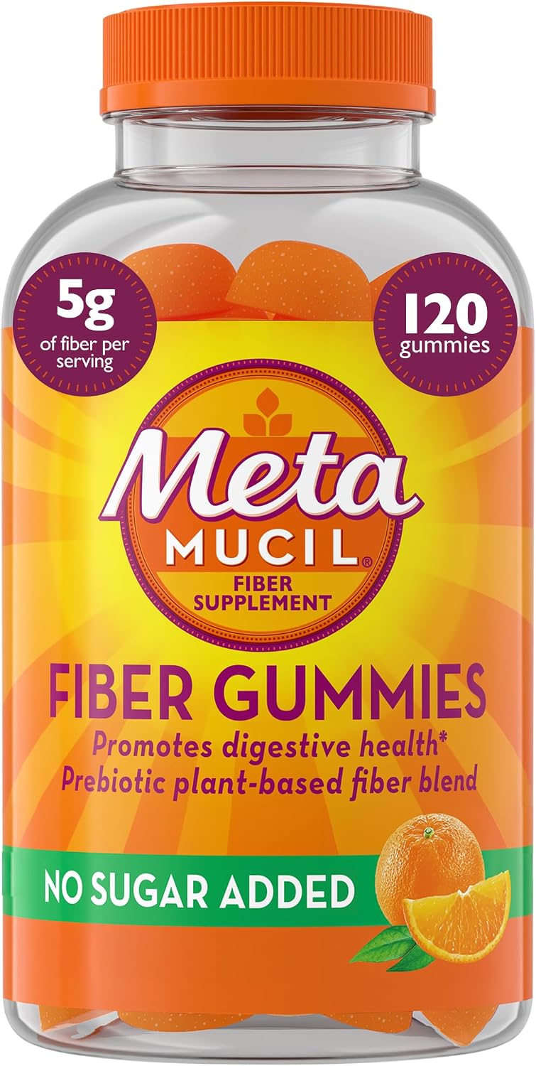Metamucil Fiber Gummies for Adults, No Sugar Added Orange Flavor, 5g Prebiotic Plant Based Fiber Supplement Blend, 120 Count