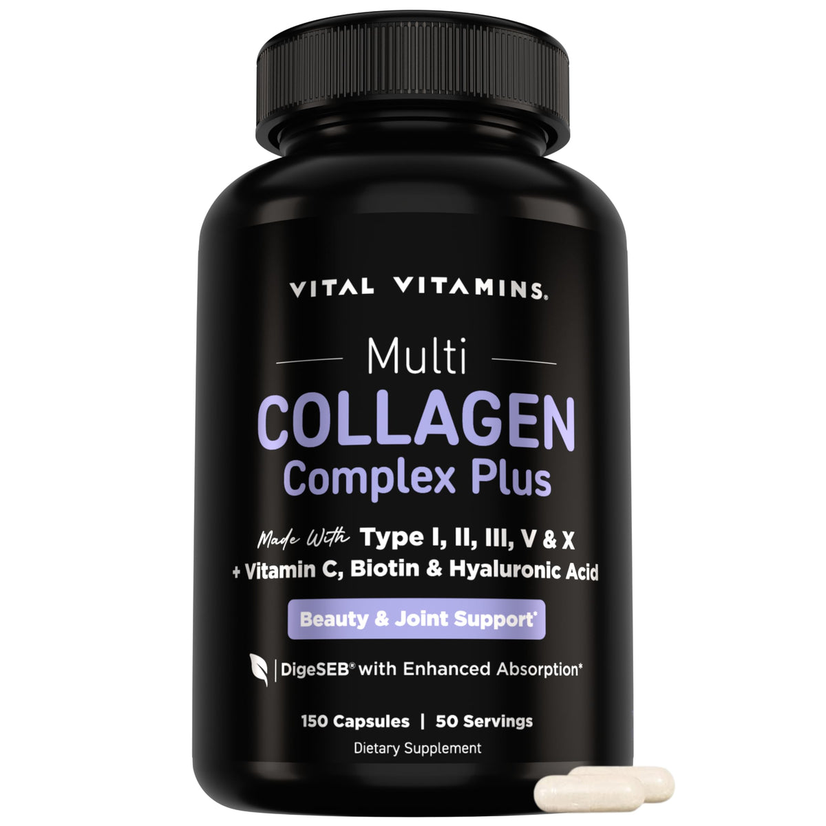 Vital Vitamins Multi Collagen Complex Plus - with Biotin, Hyaluronic Acid, Vitamin C - Type I, II, III, V, X - for Women & Men - Hair, Skin, Nails Beauty Complex - 150 Capsules