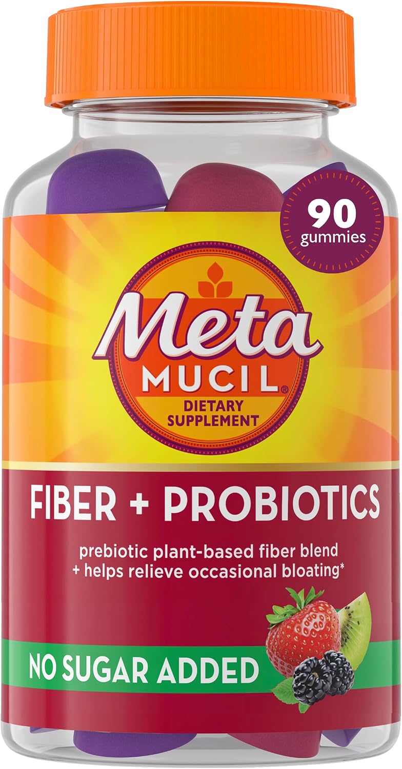 Metamucil Fiber Gummies for Adults with Probiotics for Bloating Relief, No Sugar Added Strawberry Kiwi BlackBerry Flavors, 5g Prebiotic Plant Based Fiber Supplement Blend, 90 Count