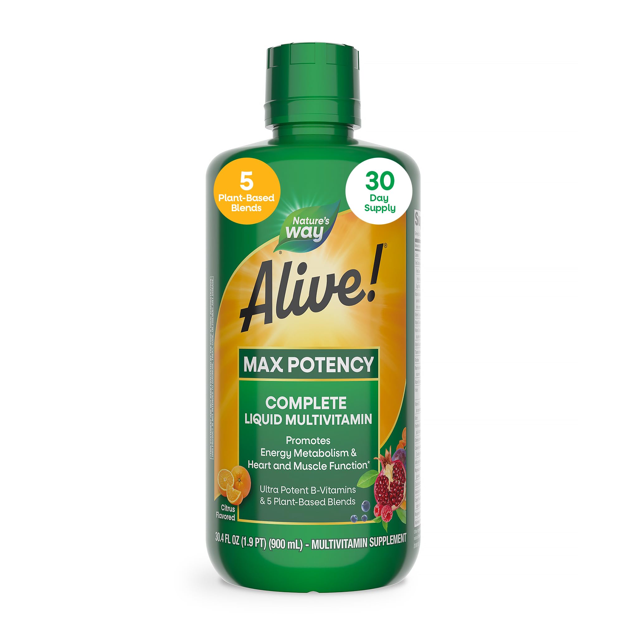 Nature's Way Alive! Max Potency Complete Liquid Multivitamin, Liquid Vitamin Promotes Energy Metabolism, Heart & Muscle Function* with Vitamins A, B, C, D, Multivitamins for Women & Men, 30.4 Fl Oz