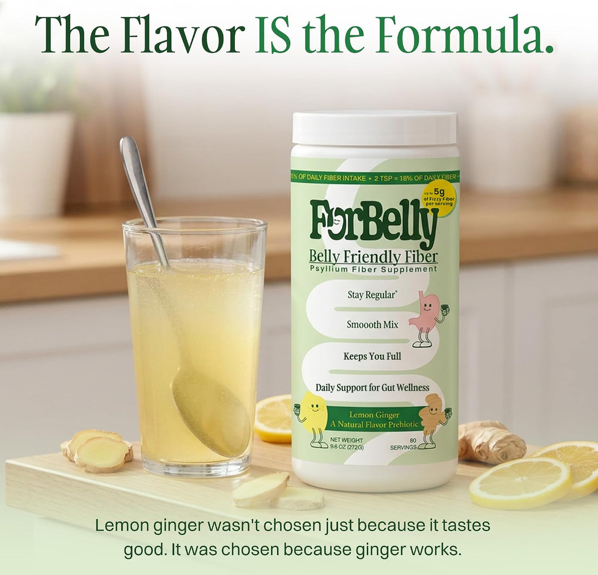 Psyllium Husk Fiber Powder - Lemon Ginger Prebiotic Fiber Supplement Drink Mix, Smooth High-Mesh, Gentle Fizz, Gluten Free, No Grit, up to 60 Servings