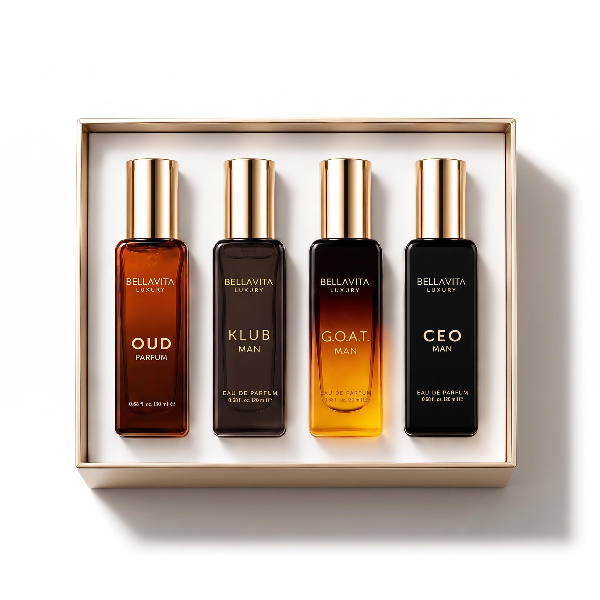 BellaVita Luxury Men's Perfume Gift Set with CEO Man, G.O.A.T., KLUB & OUD | 4 x 20ml (80ml) | Long Lasting Perfume for Men | Citrus, Woody, Patchouli & Caramel Notes | Gift for Father's Day