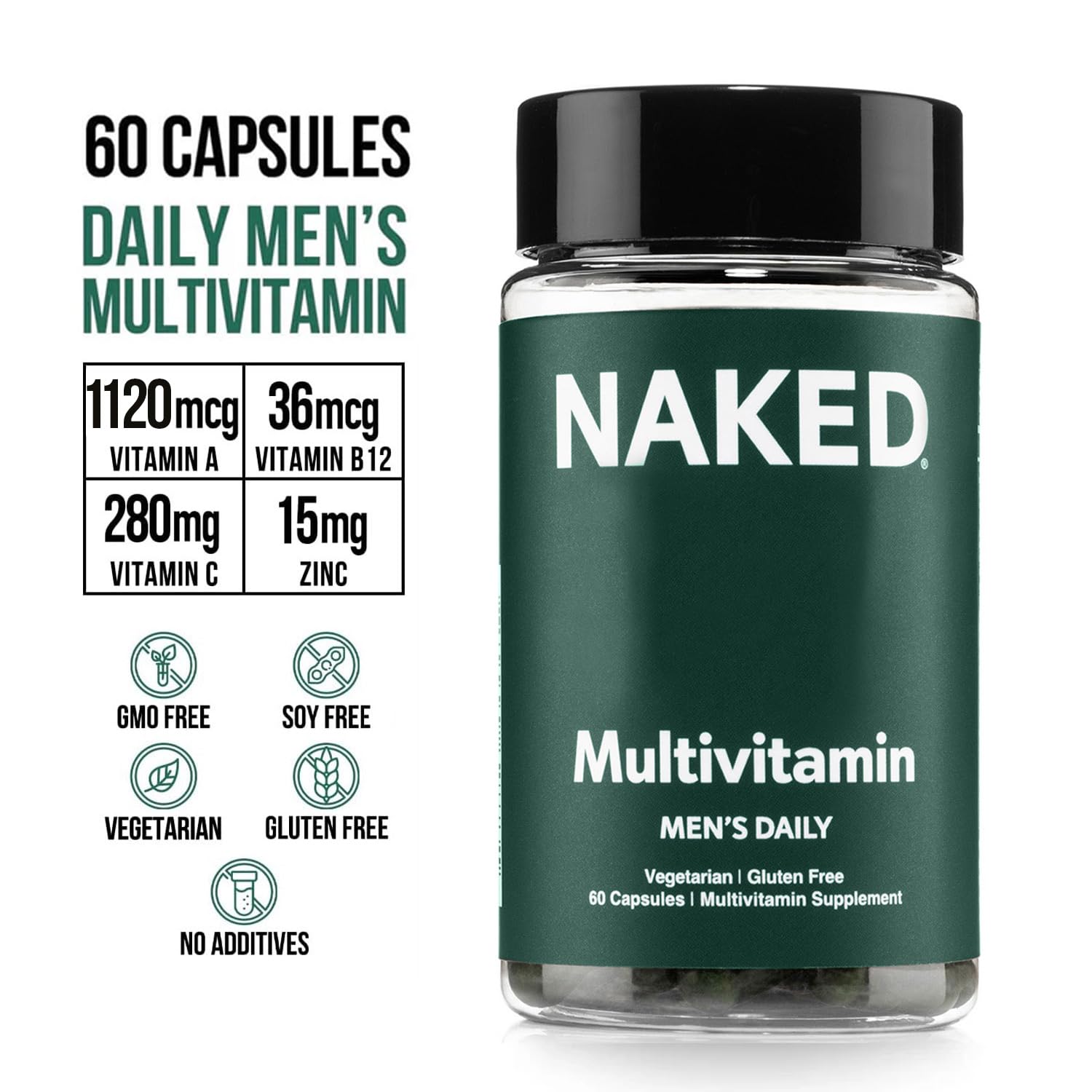 NAKED Men’s Multi – Daily Multivitamin for Men – A, C, E, Selenium, Zinc, Fruit and Super Green Extracts and More to Boost Immune Support – Gluten-Free and Vegetarian Daily Vitamins – 60 Capsules