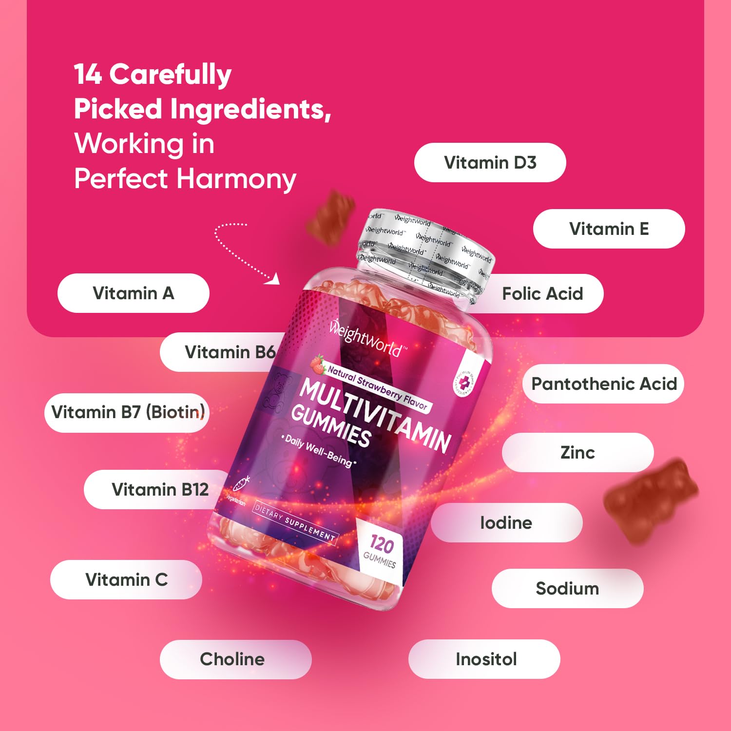 WeightWorld Multivitamin for Women & Men | Immunity, Bone Health, Energy & Daily Well-Being | 14 Key Vitamins A, C, D3, B6, B12 & Biotin - Halal-Suitable, Veg Multivitamin Gummies for Adults, 120 Ct