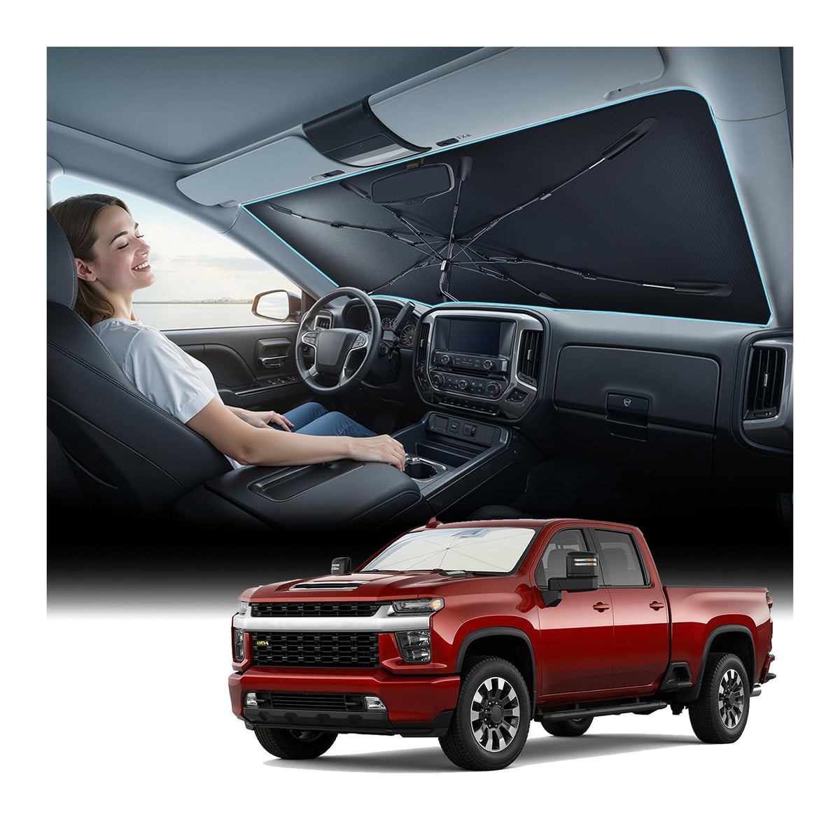 Nmoiss Windshield Sun Shade Umbrella for Silverado - [Vinyl Coating Heat Shield] Protect Car from Sun Rays & Heat Damage Keep Cool and Protect Interior, Spring Structure Edge