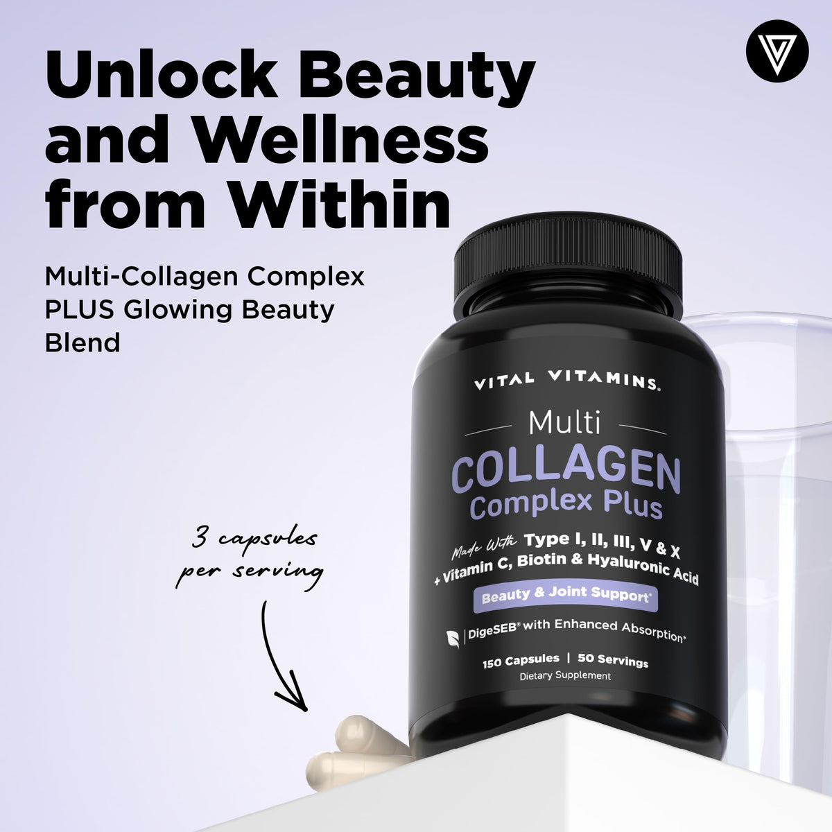 Vital Vitamins Multi Collagen Plus (2-Pack) - with Biotin, Hyaluronic Acid, Vitamin C - Type I, II, III, V, X - for Women & Men - Hair, Skin, Nails Beauty Complex