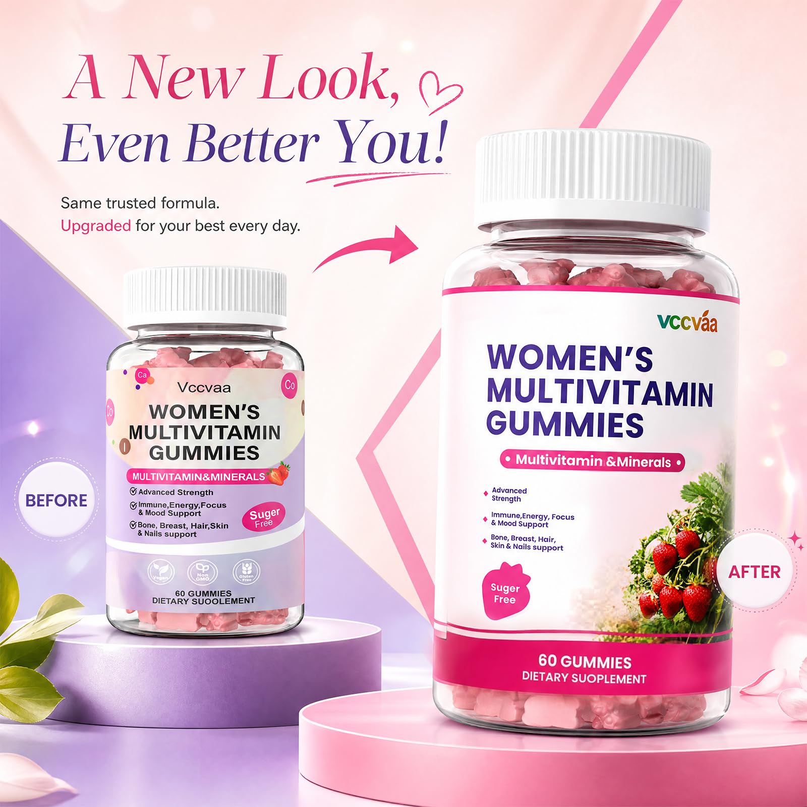 Vccvaa Sugar Free Multivitamin Gummies for Women 14+ with Iron, Inositol, Folate, Vitamins A C D3 E B12 K2, Herbal & Mineral Blend, Daily Vegan Gummy for Hair, Skin, Energy, Immune Support – 60 Count