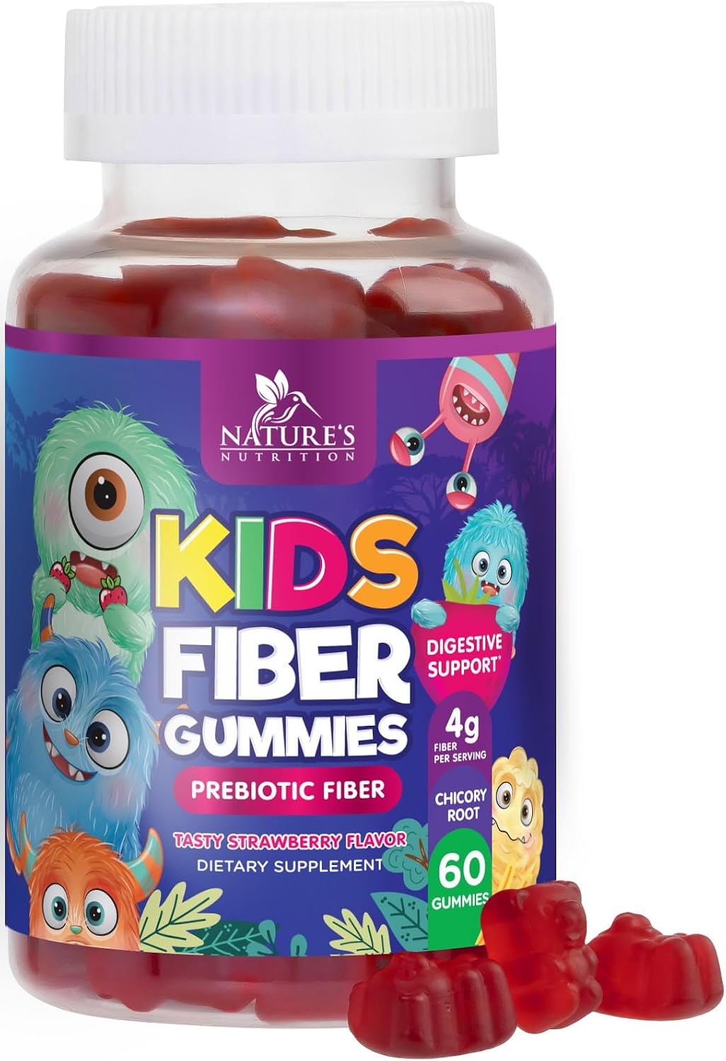 Kids Fiber Gummies - 4g Dietary Fiber - Daily Fiber Gummy Supplement for Kids - Soluble Inulin Prebiotic Gummy for Digestive Health Support - Plant-Based Regularity & Digestion Support - 60 Gummies